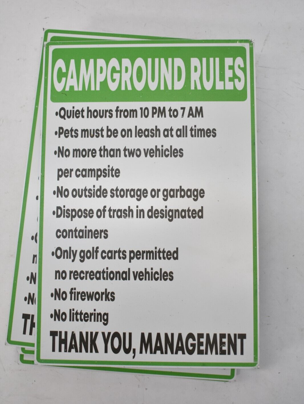 Lot of 11 Campground Rules Signs Green/White Thank You Management 12&Prime; x 8&Prime;