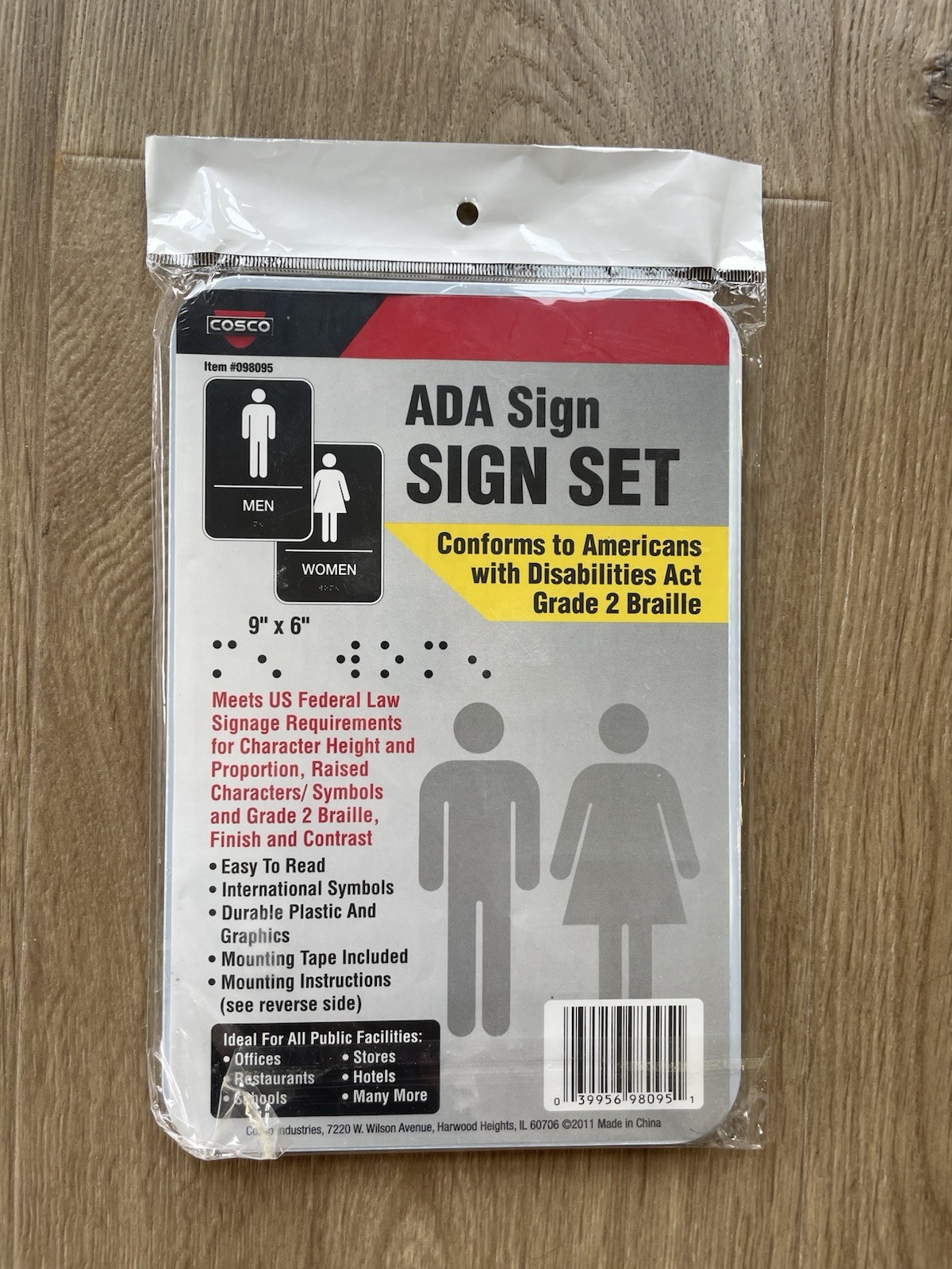 ADA Restroom Sign Set 9×6 Braille Cosco Mounting Tape Included 2pc Men/Women NEW