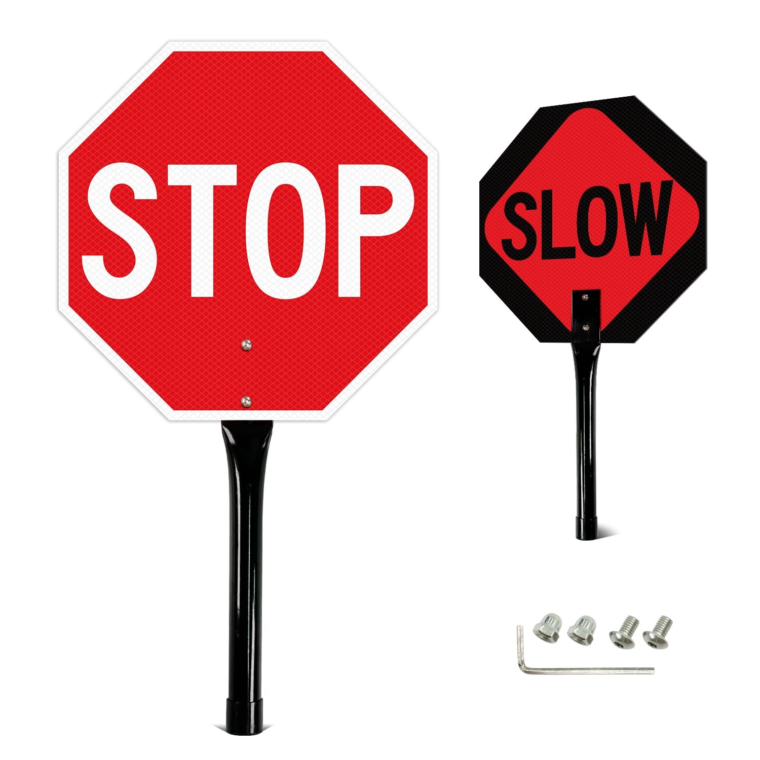 Stop Slow Sign with Metal Handle 13×13 inches Double Sided Slow/Stop sign Tra…