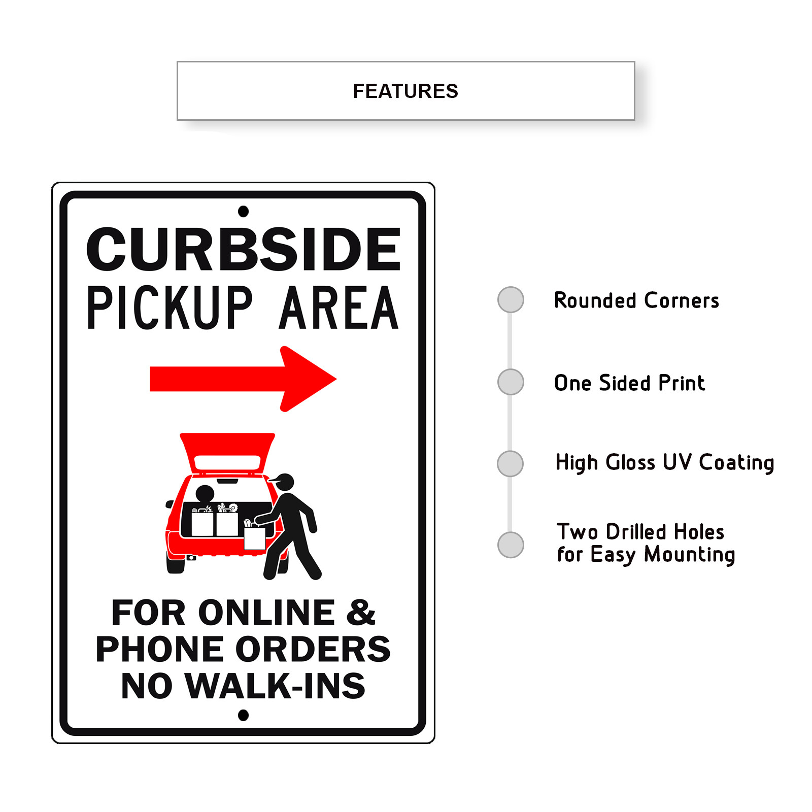 Curbside Pickup Right Side Area For Online & Phone Orders Aluminum Metal Sign