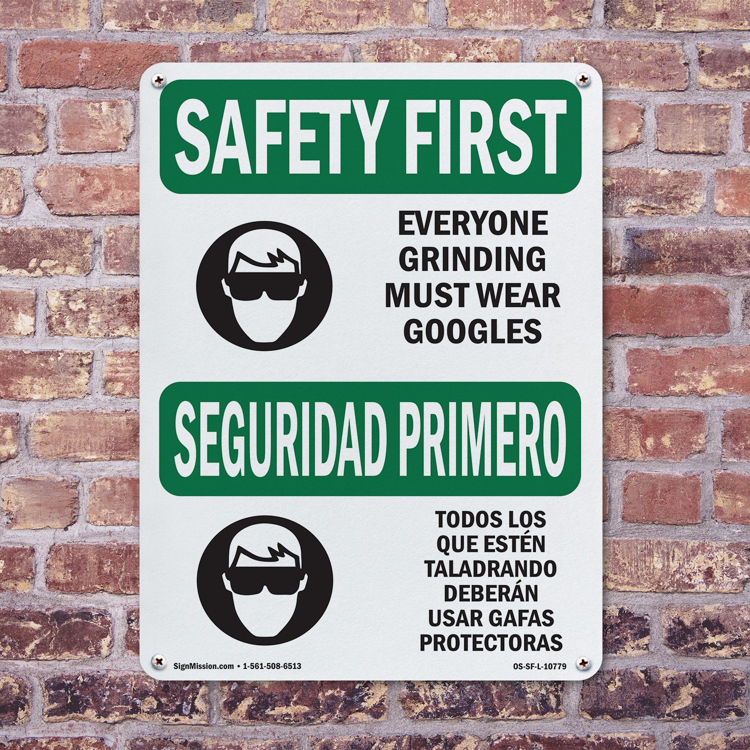 Everyone Grinding Bilingual OSHA SAFETY FIRST Sign Metal, Decal – 5 or 10 Pack