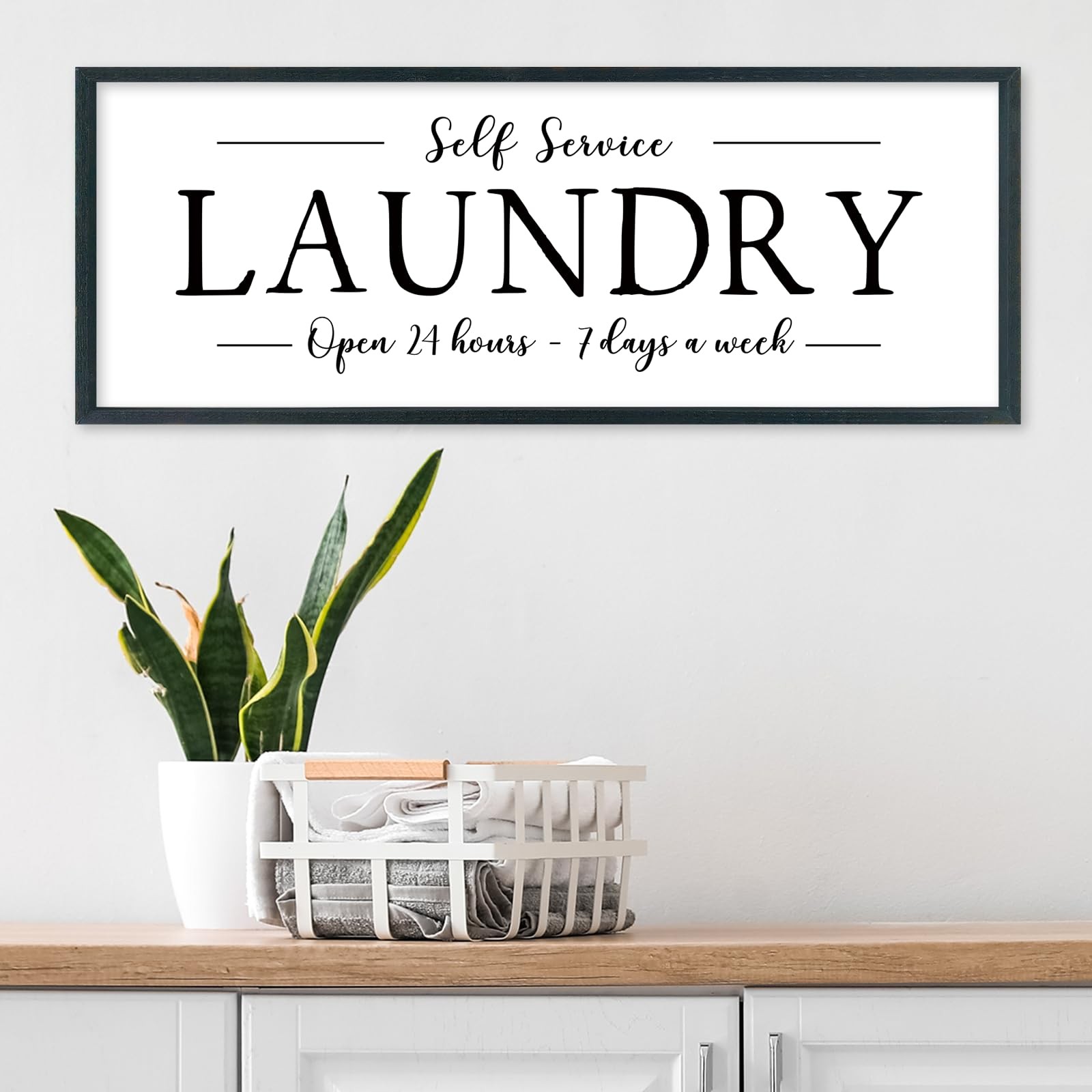 Framed Laundry Room Sign, 32 x 12 Inch Self Service Open 24 Hours Farmhouse W…