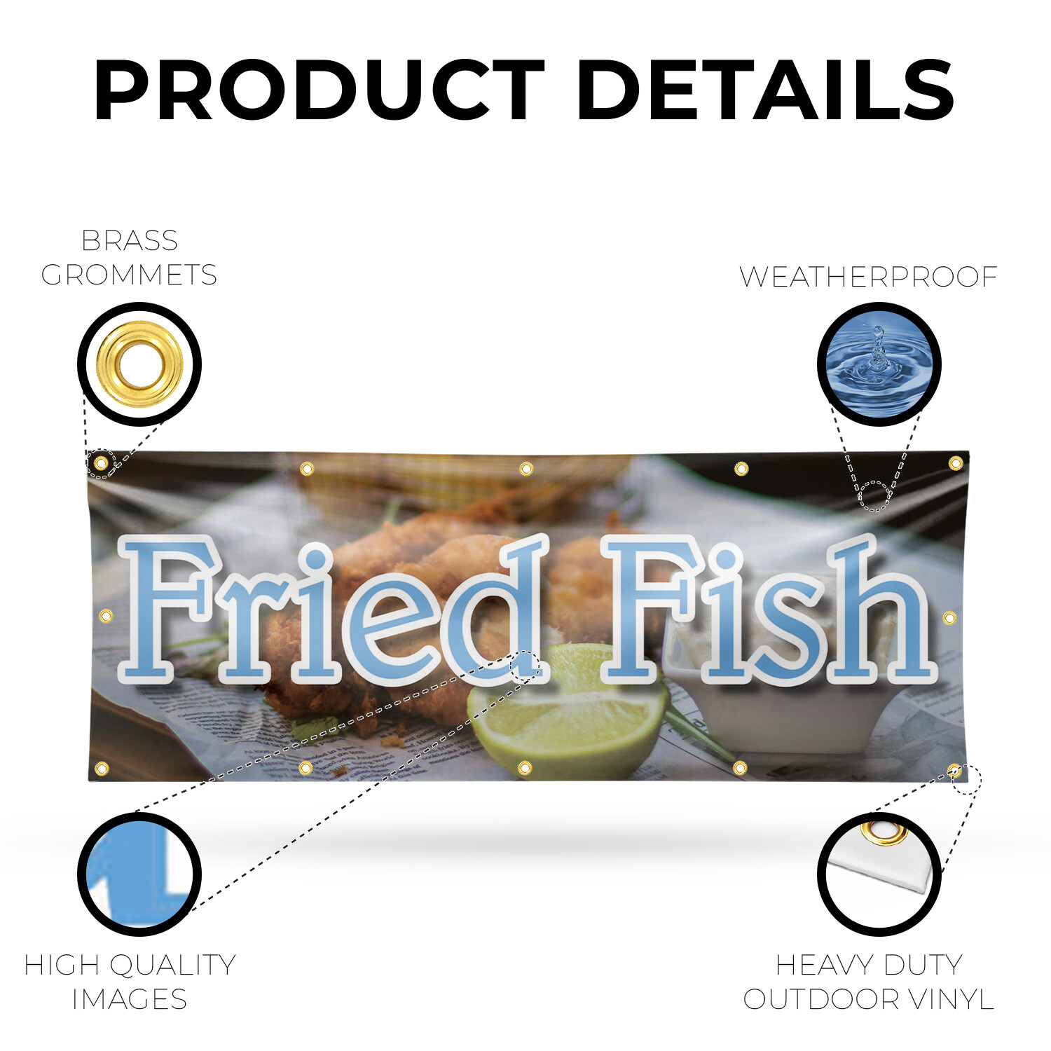 Fried Fish 13 oz Vinyl Banner Sign with Metal Grommets Heavy-Duty Single-Sided