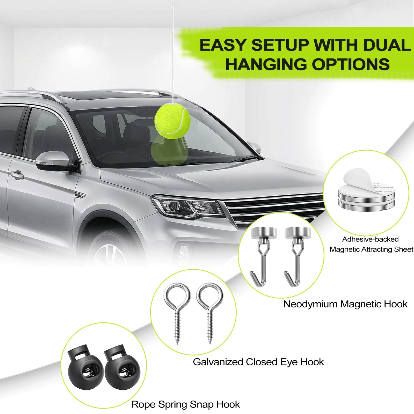Dnairtly Garage Parking Aid with Magnetic & Screw Hooks, 2 Pack Tennis Green