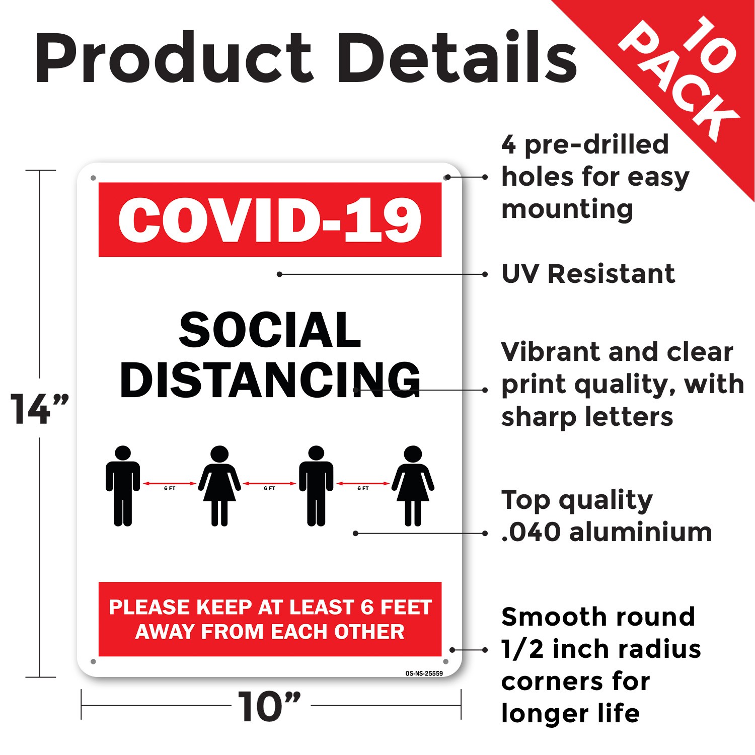 COVID-19 Social Distancing Please Keep 6 Feet Away Public Safety Sign 5/10 Pack