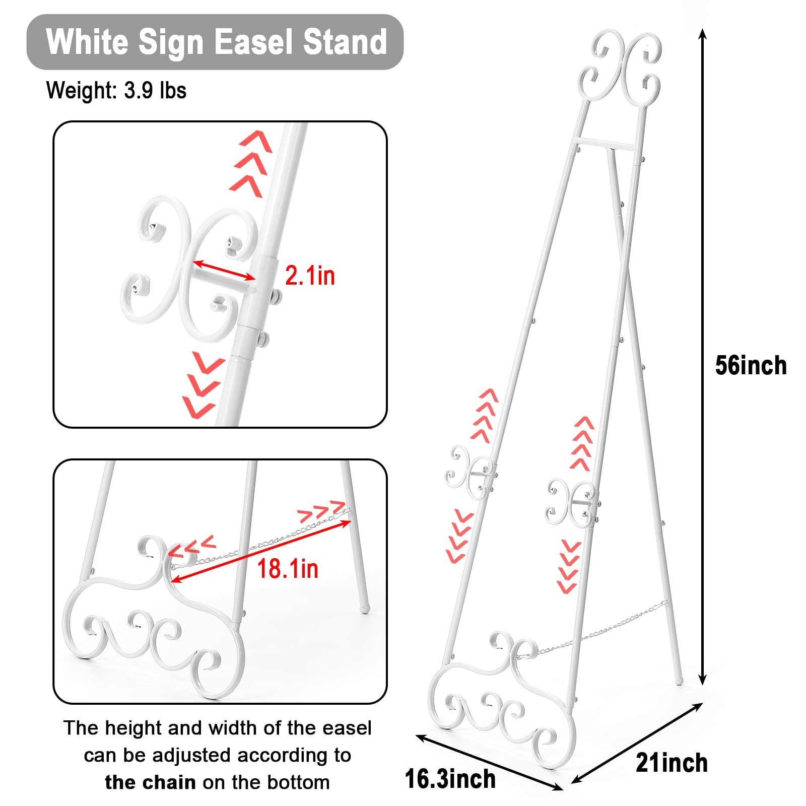 Metal Floor Standing Display Easel, 56&Prime; H White Decorative Scroll Easel Stand…