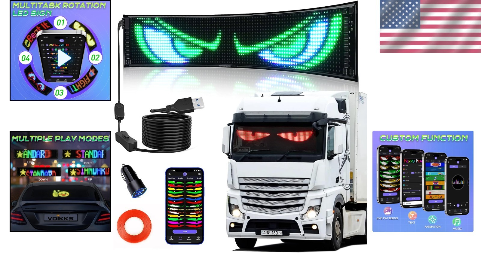 23&Prime;x5&Prime; Devil Eyes LED Car Sign – Bluetooth Control Custom Messages & Animations