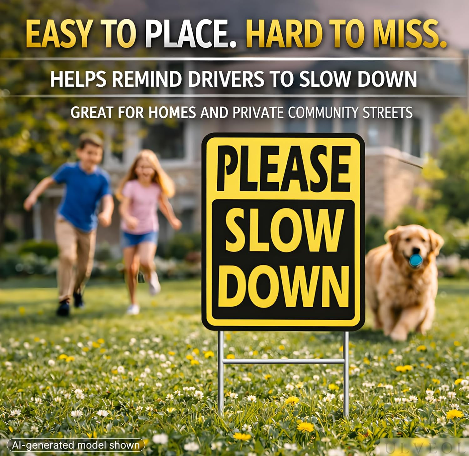 Set of 3 Double Sided 8×12 Inches « Please Slow Down » Sign with Metal H-Stakes…