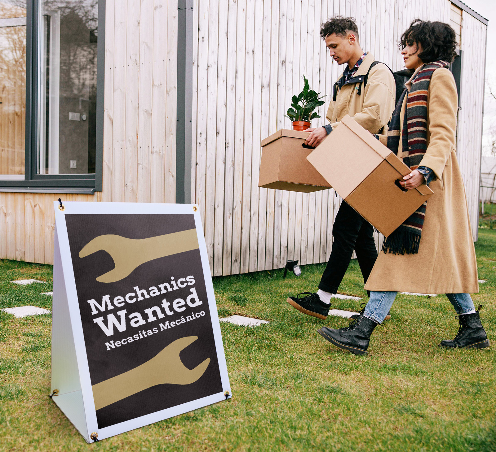 Mechanics Wanted English Spanish A-Frame Sidewalk Sign Bilingual Job Sign Up