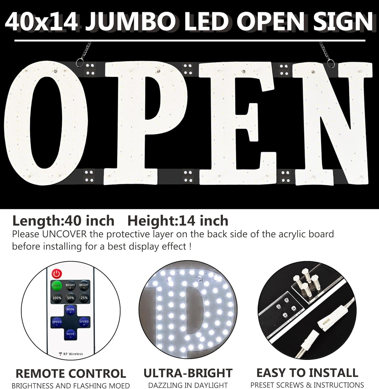 Ultra Bright 40×14&Prime; LED Open Sign with Remote for Cafe, Salon, Retail Store