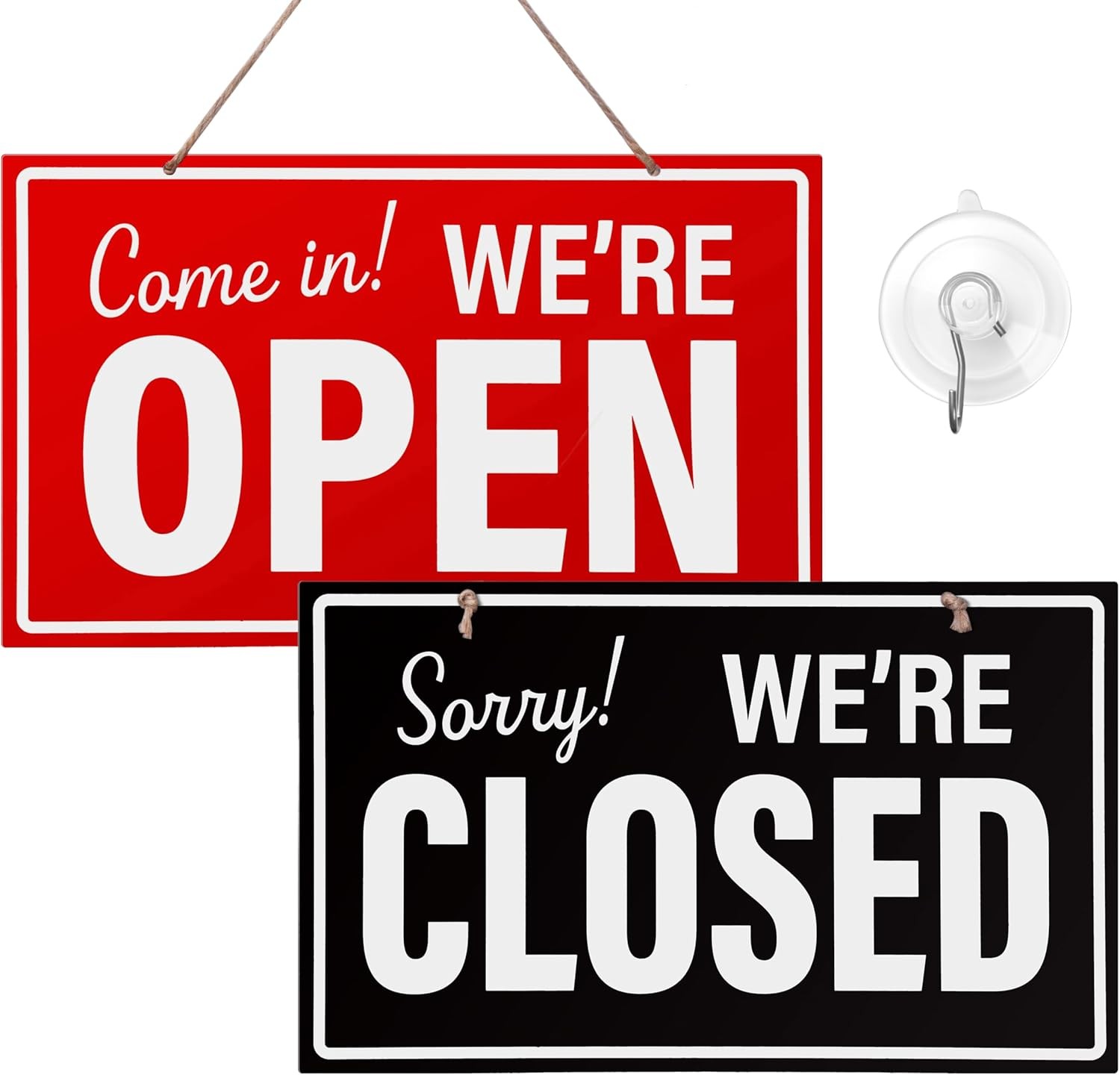 Open Closed Sign for Business, 10&Prime; X 6&Prime; Double Sided Plastic Sign with Twine, Su