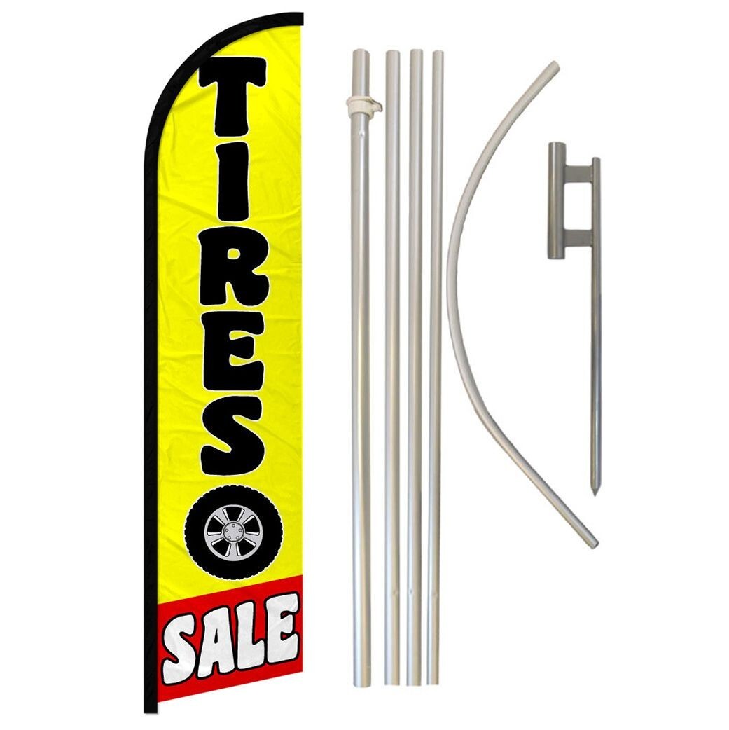Tires Sale Windless Advertising Banner Flag & Pole Kit (Red/Yellow)