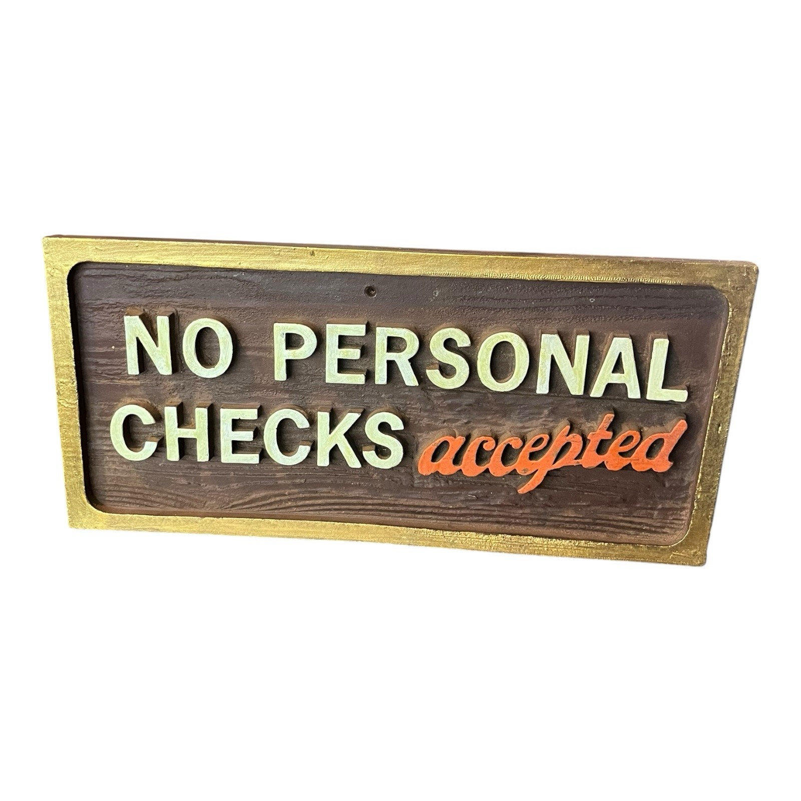 Vtg No Personal Checks Accepted Wood Natural Woodgrain Sign Store Office Signage