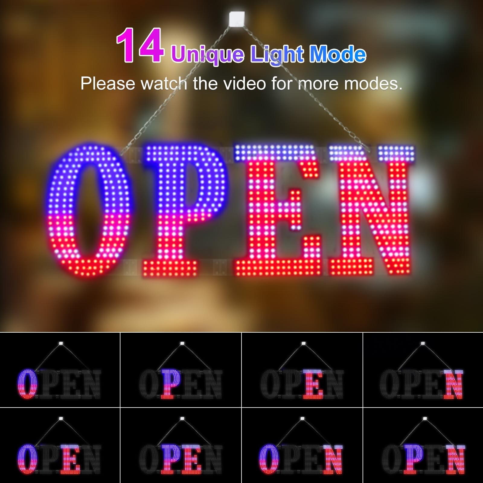 Flashing LED Open Signs for Business, 30&Prime;x10&Prime; Large Open LED Sign with 14 Sce…