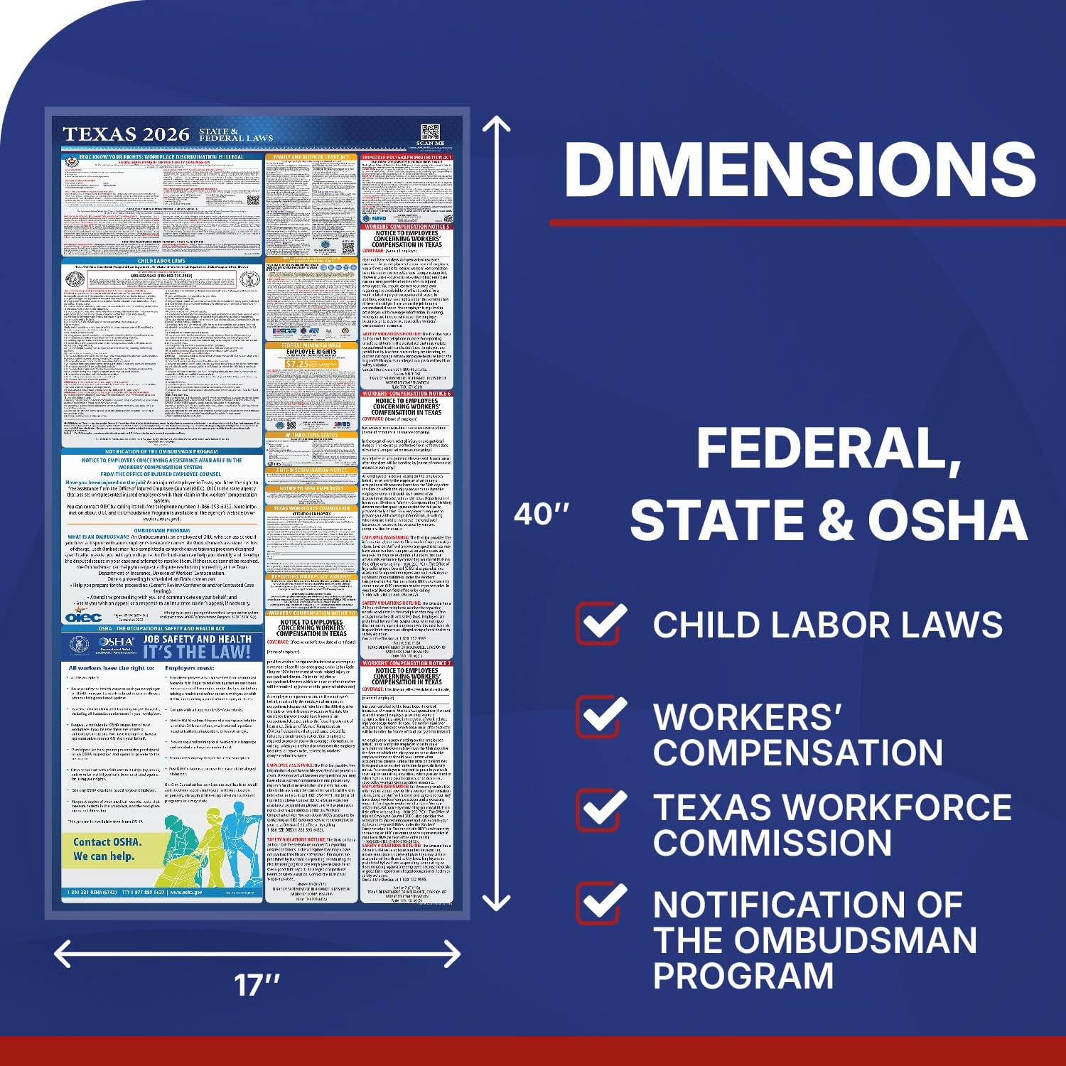 2026 Texas State & Federal Mandatory Labor Law Poster, OSHA Compliant English
