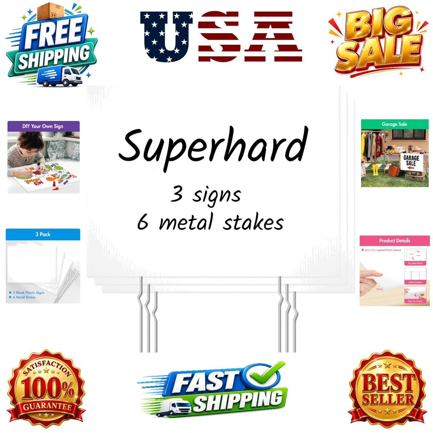 3 Pack Blank Yard Signs, Blank Unprinted Board Signs with 6 Metal Stakes, All…