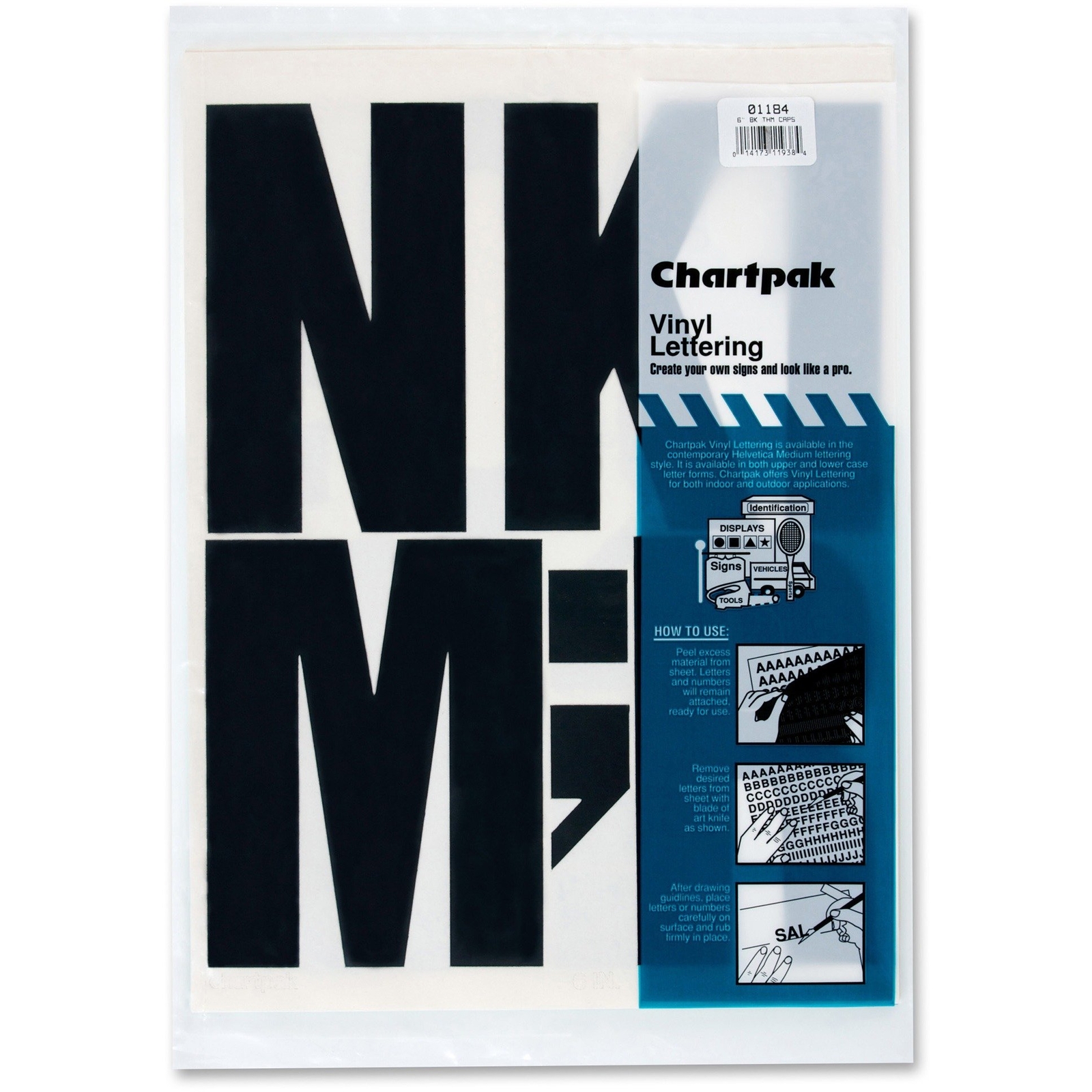 Chartpak Press-On Vinyl Uppercase Letters, Self Adhesive, Black, 6&Prime;h, 38/Pack