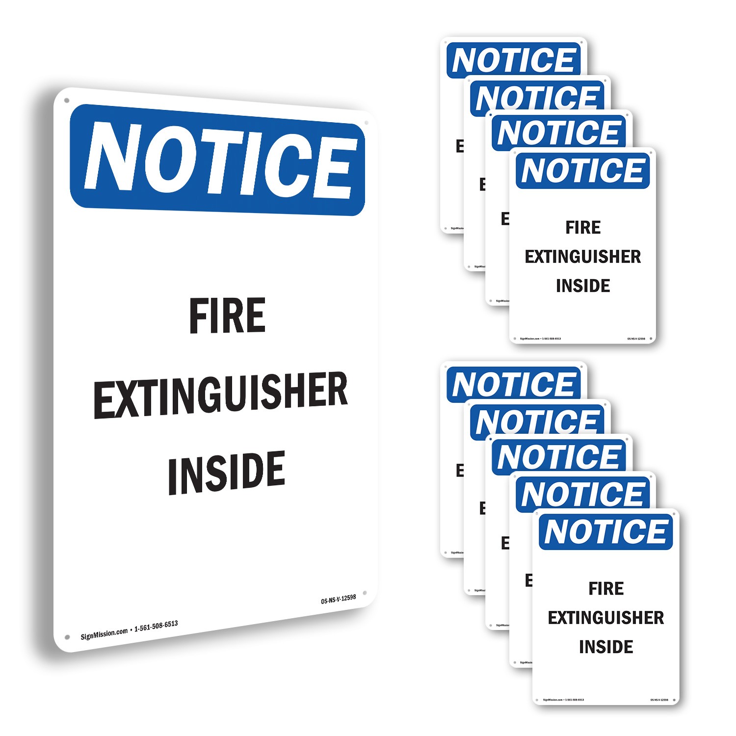 Fire Extinguisher Inside OSHA Notice Sign Metal, Plastic, Decal – 5 or 10 Pack