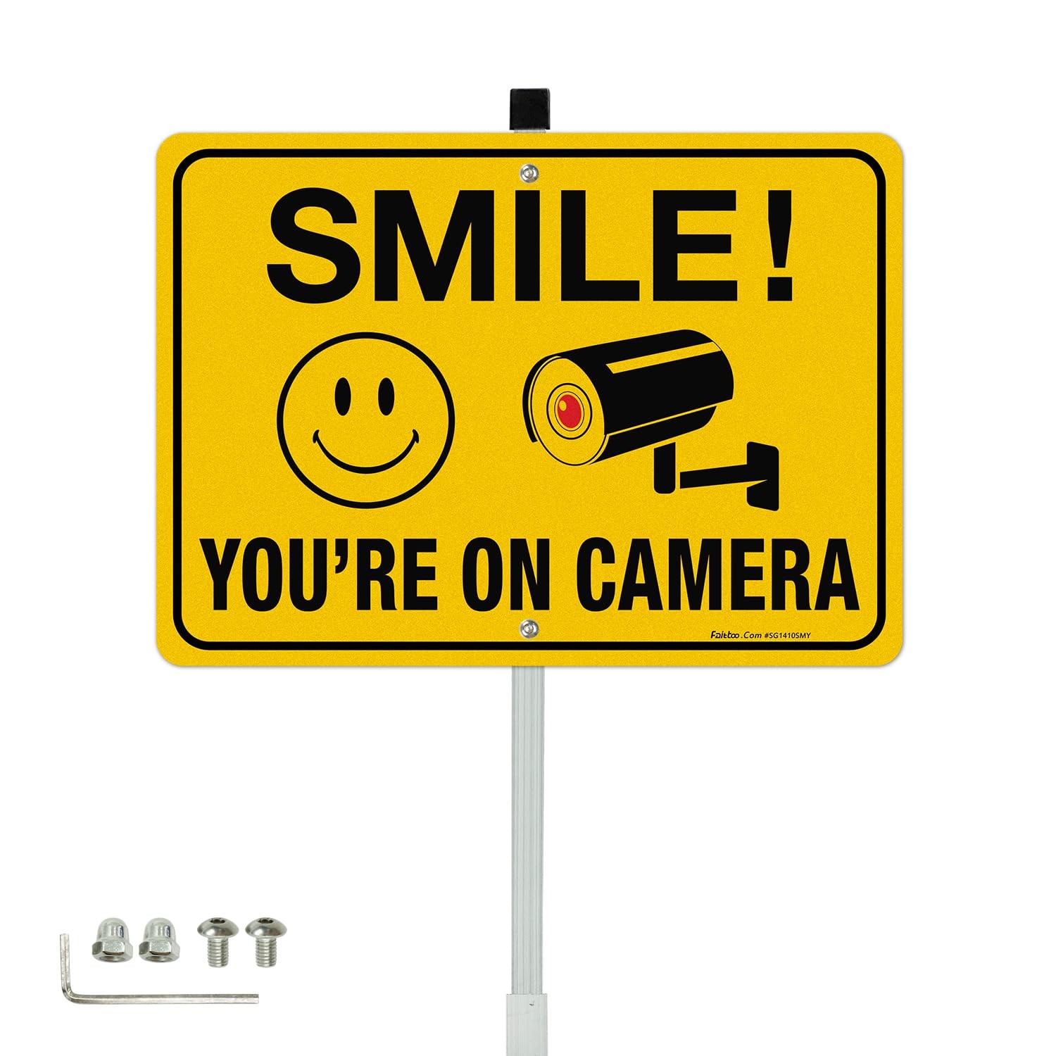 14×10 Inch Smile You&rsquo;re On Camera Sign 36 Inch Stake Heavy Aluminum Reflective
