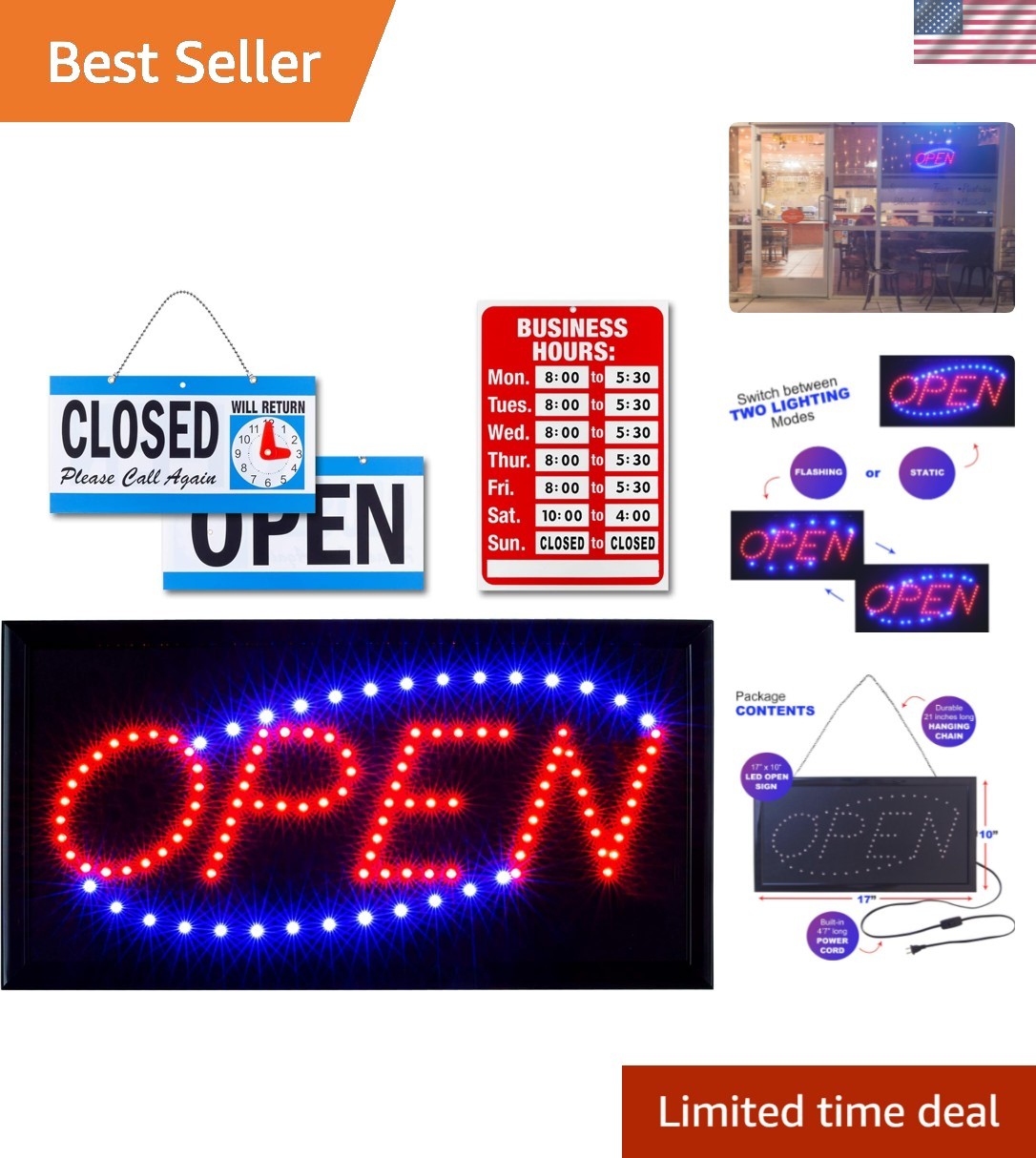 Modern LED Open & Closed Sign Set with Business Hours – Easy Wall Mount Design