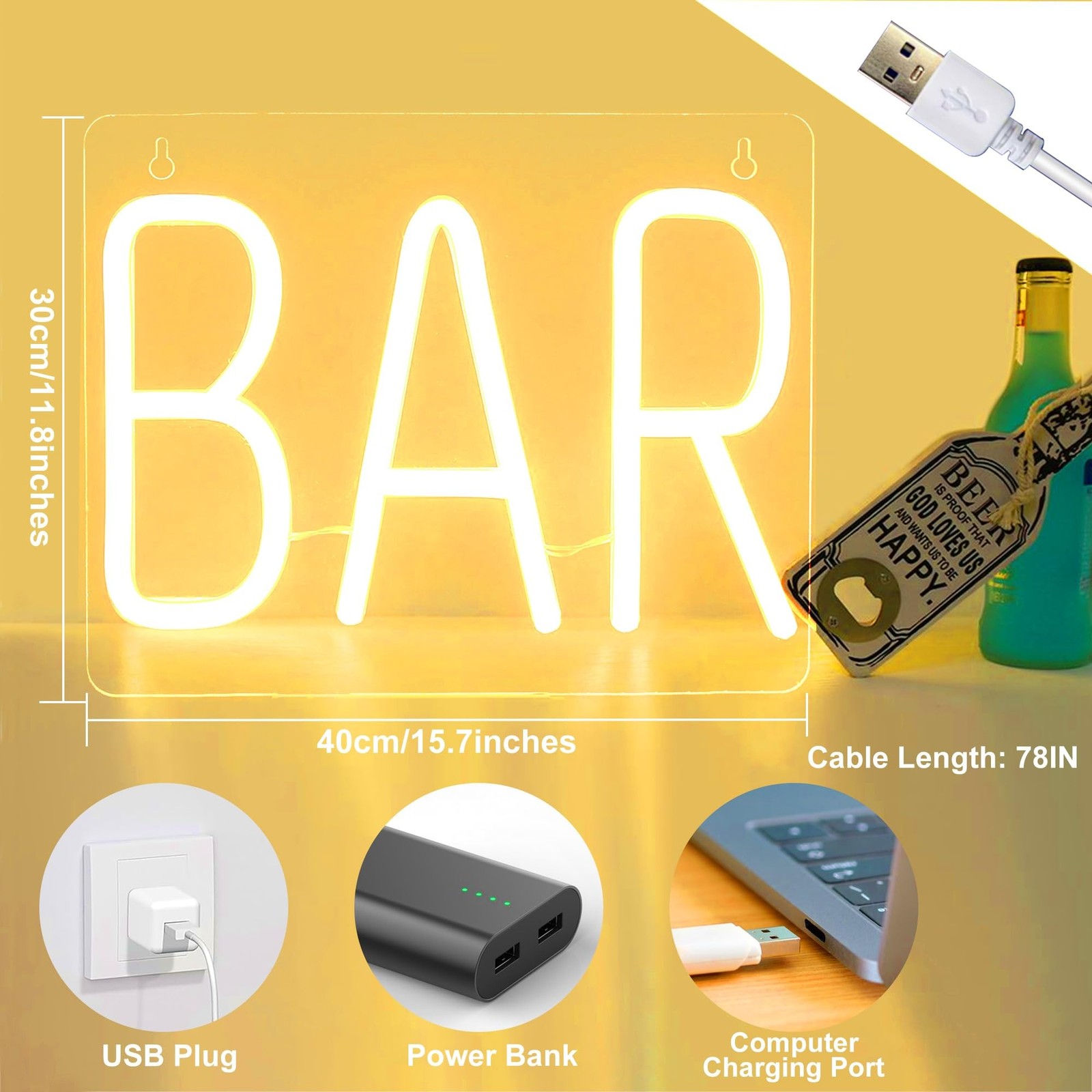 Neon Bar Signs, Warm White Bar Neon Sign with Dimmer Switch, USB Powered LED …