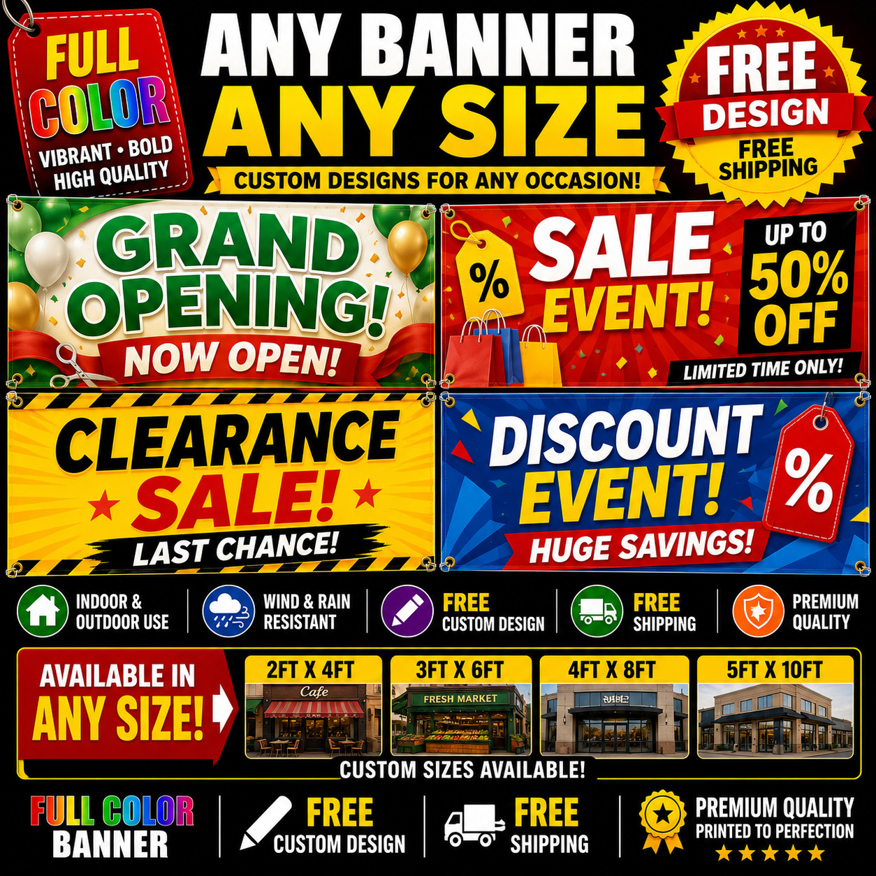 FULL COLOR BANNER INDOOR OUTDOOR USE GRAND OPENING – SALE – NOW OPEN – DISCOUNT