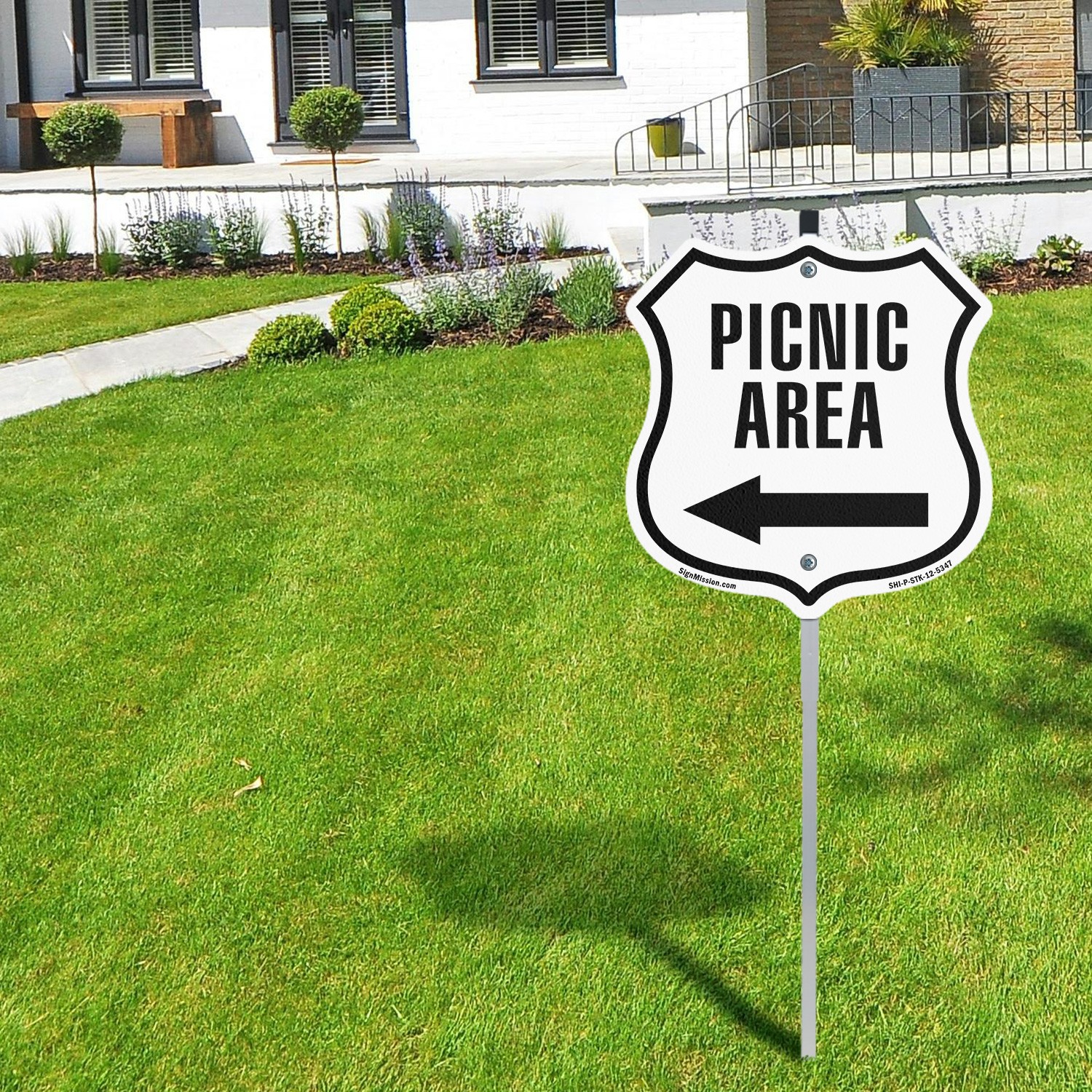 Picnic Area Left Shield Shaped Sign With Stake Crafted in the USA