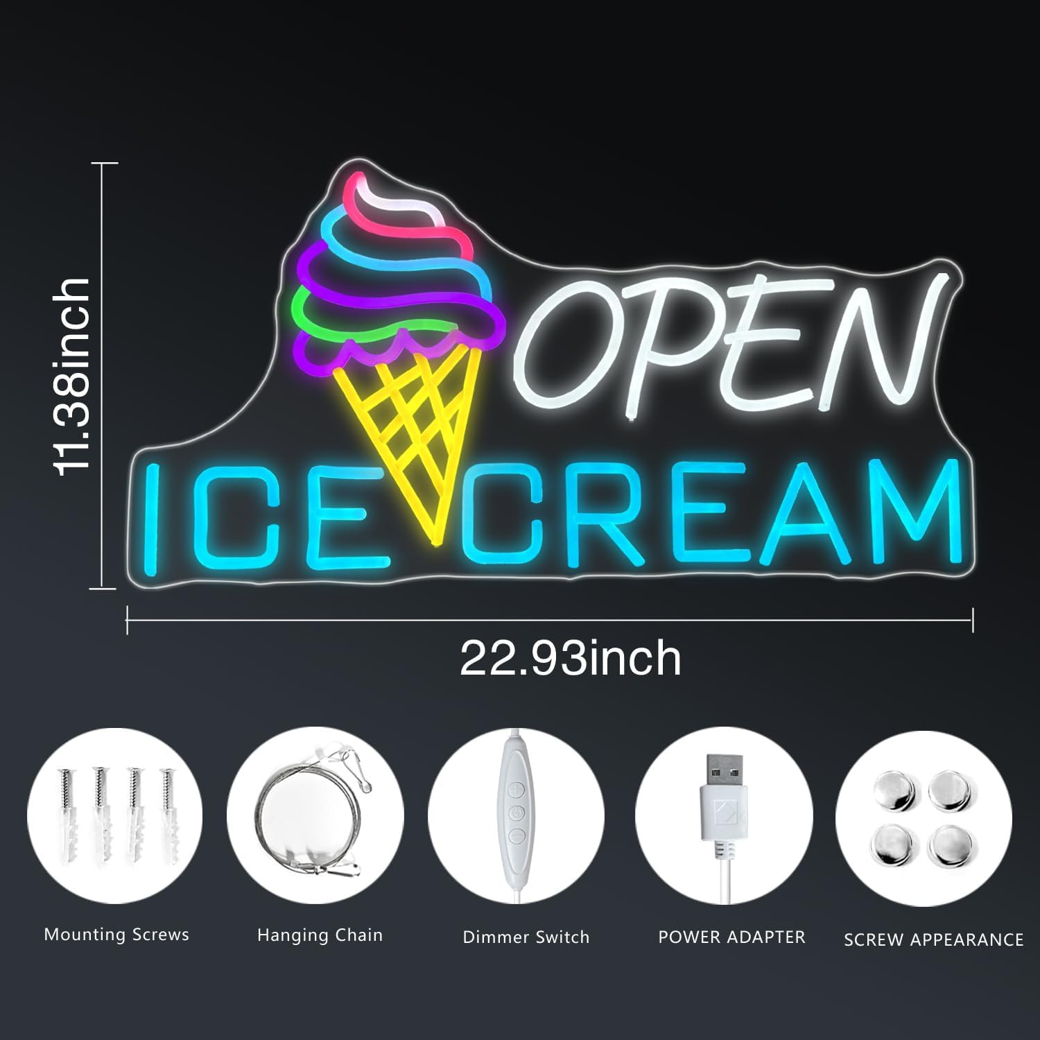 Neon Ice Cream Open Sign – USB Powered Brightness Adjustable Cafe Decor