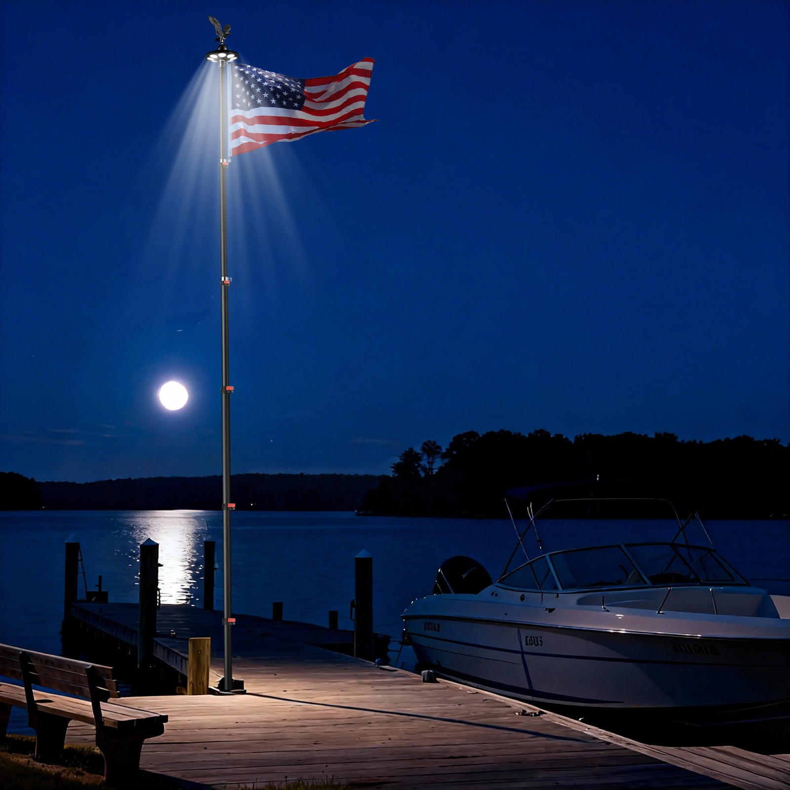 Yescom EZ GO 20&prime; Telescopic Flag Pole Kit Solar Light US Flag Eagle Topper Black