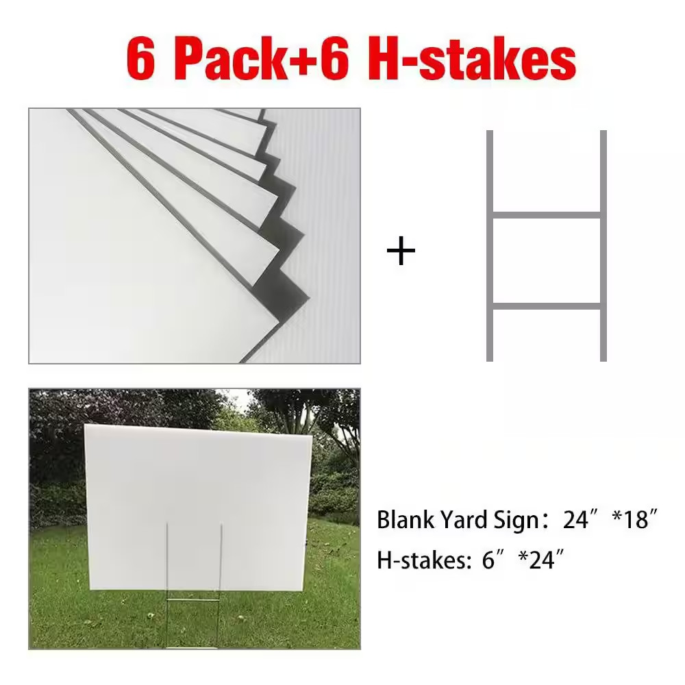 24 In. X 18 In. White Corrugated Plastic Signs with H-Stakes, 6-Pack