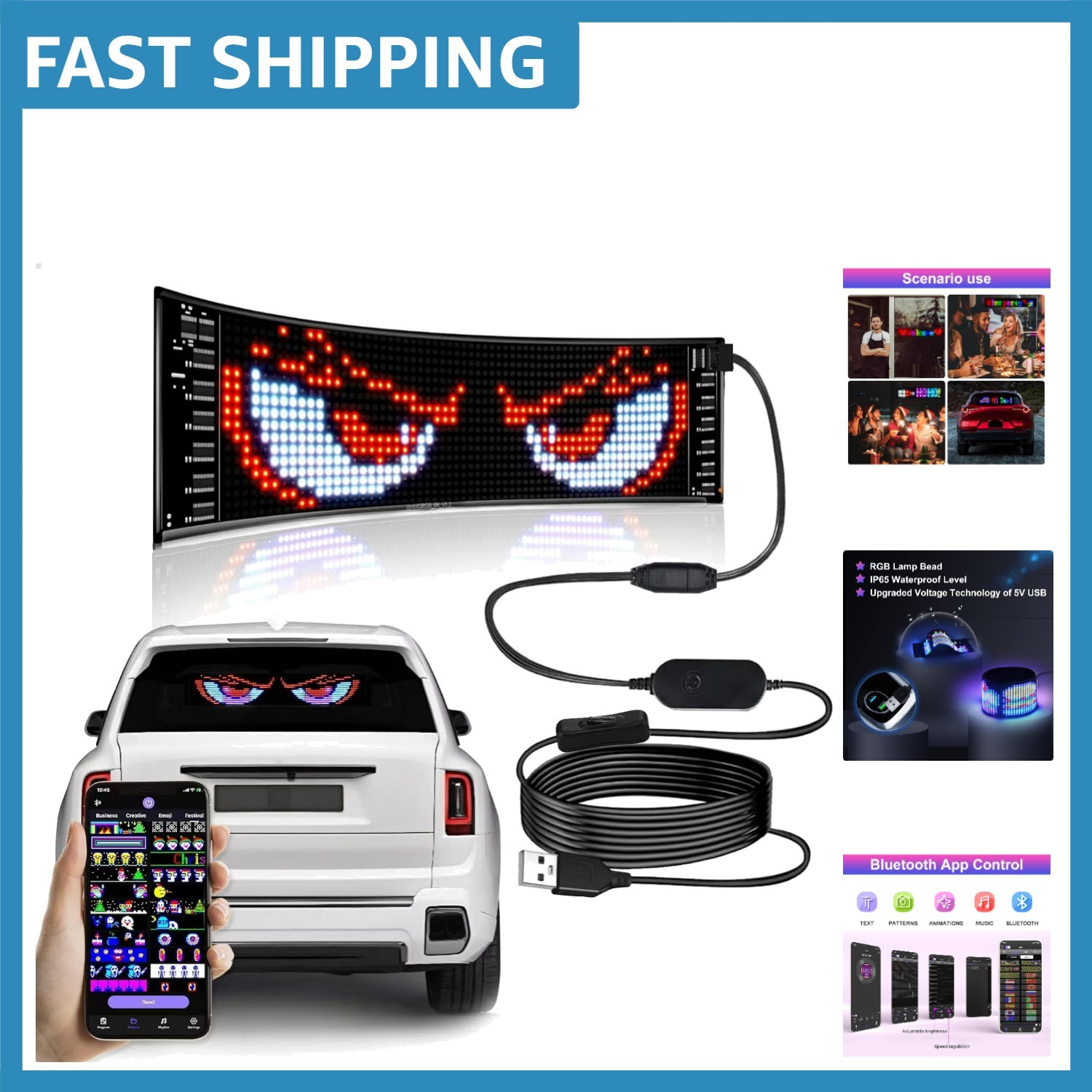 Programmable Bluetooth LED Car Sign – Customizable & Waterproof – 15&Prime; x 4&Prime;