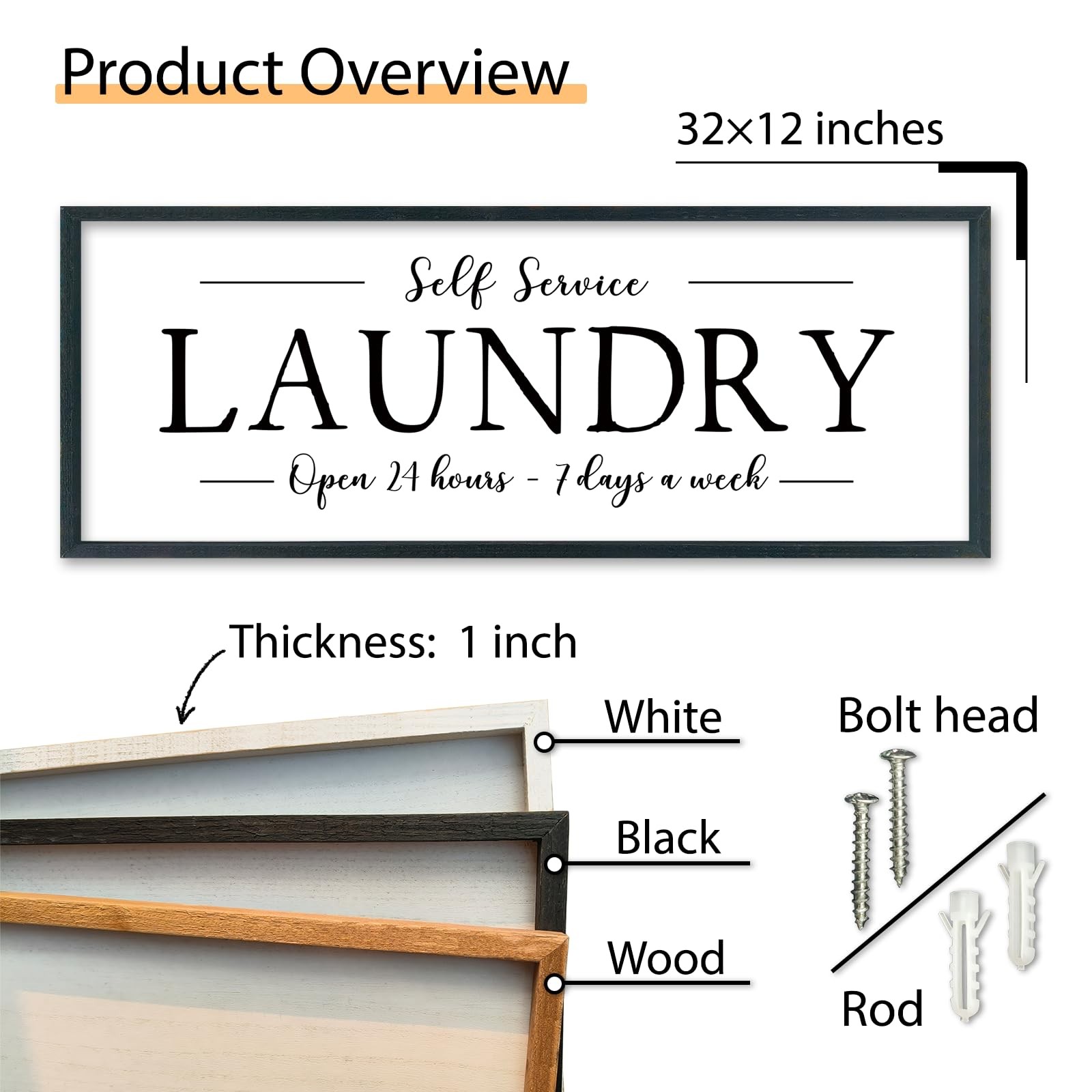 Framed Laundry Room Sign, 32 x 12 Inch Self Service Open 24 Hours Farmhouse W…