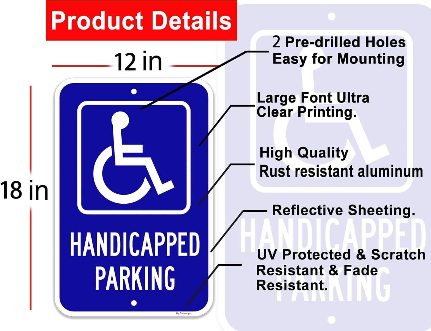 Handicap Parking Signs x 2 Pack, 12&Prime; x 18&Prime;, Reflective 12 x 18 x 0.63, blue