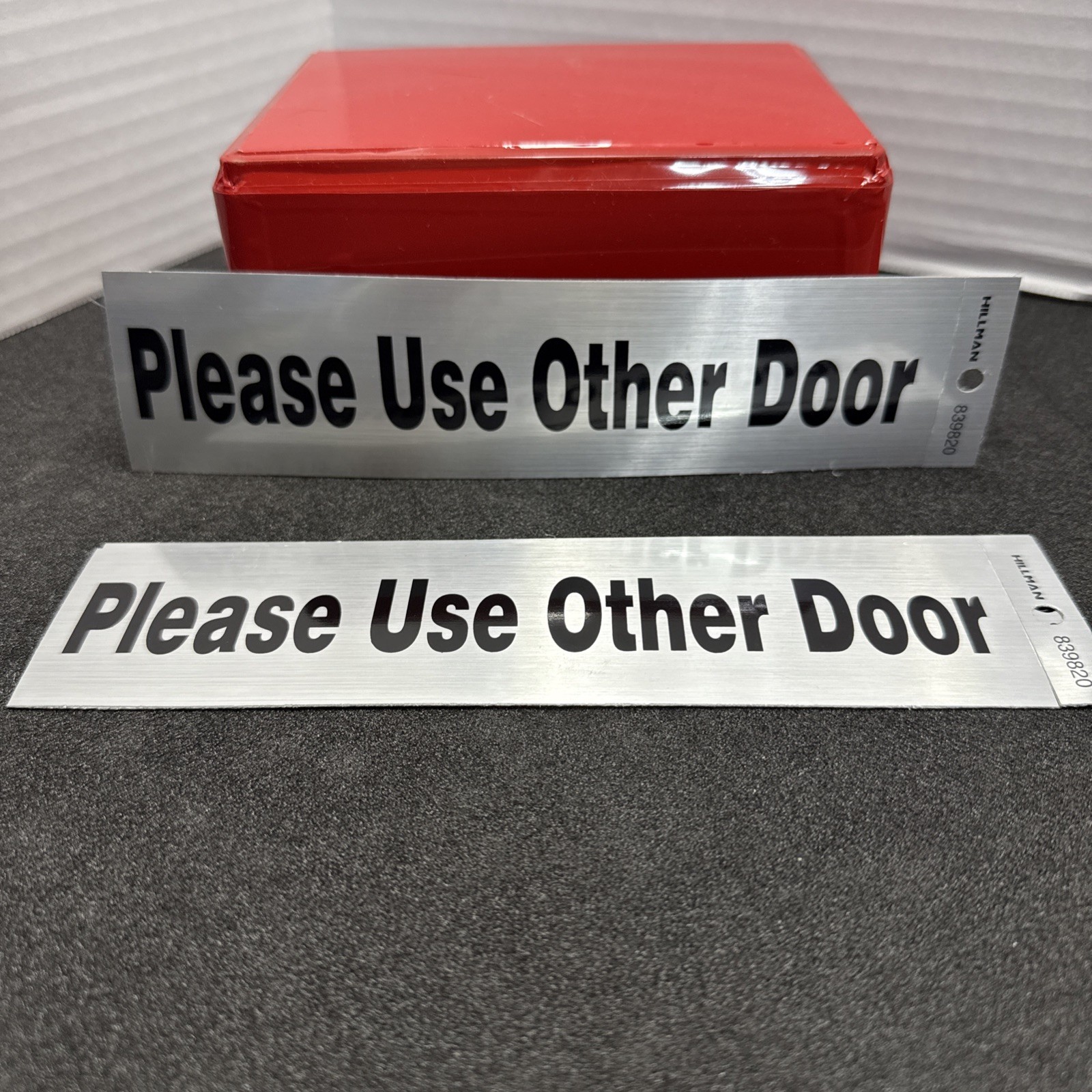 PLEASE USE OTHER DOOR DECAL 2” X 8” Hillman 839820 Brushed Aluminum Black Letter