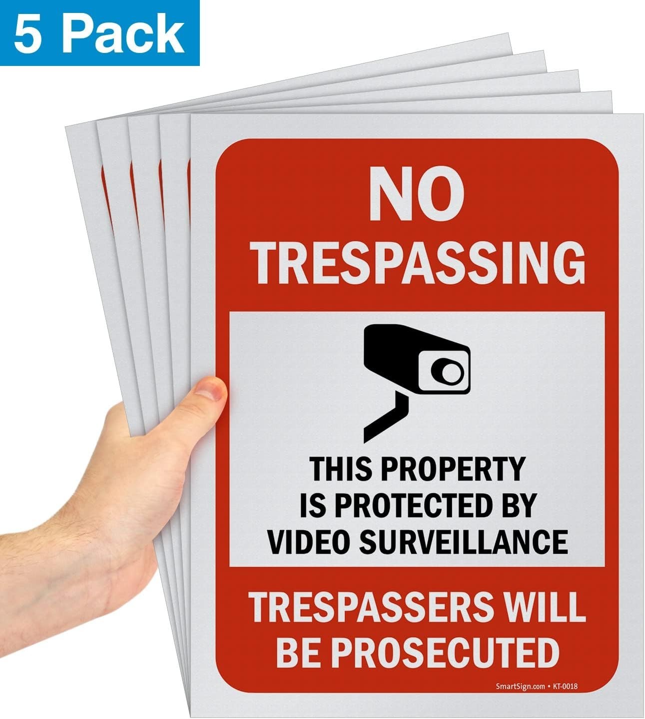Pack of 5 12 x 9 inch “No Trespassing – Property Protected By Video Surveilla…