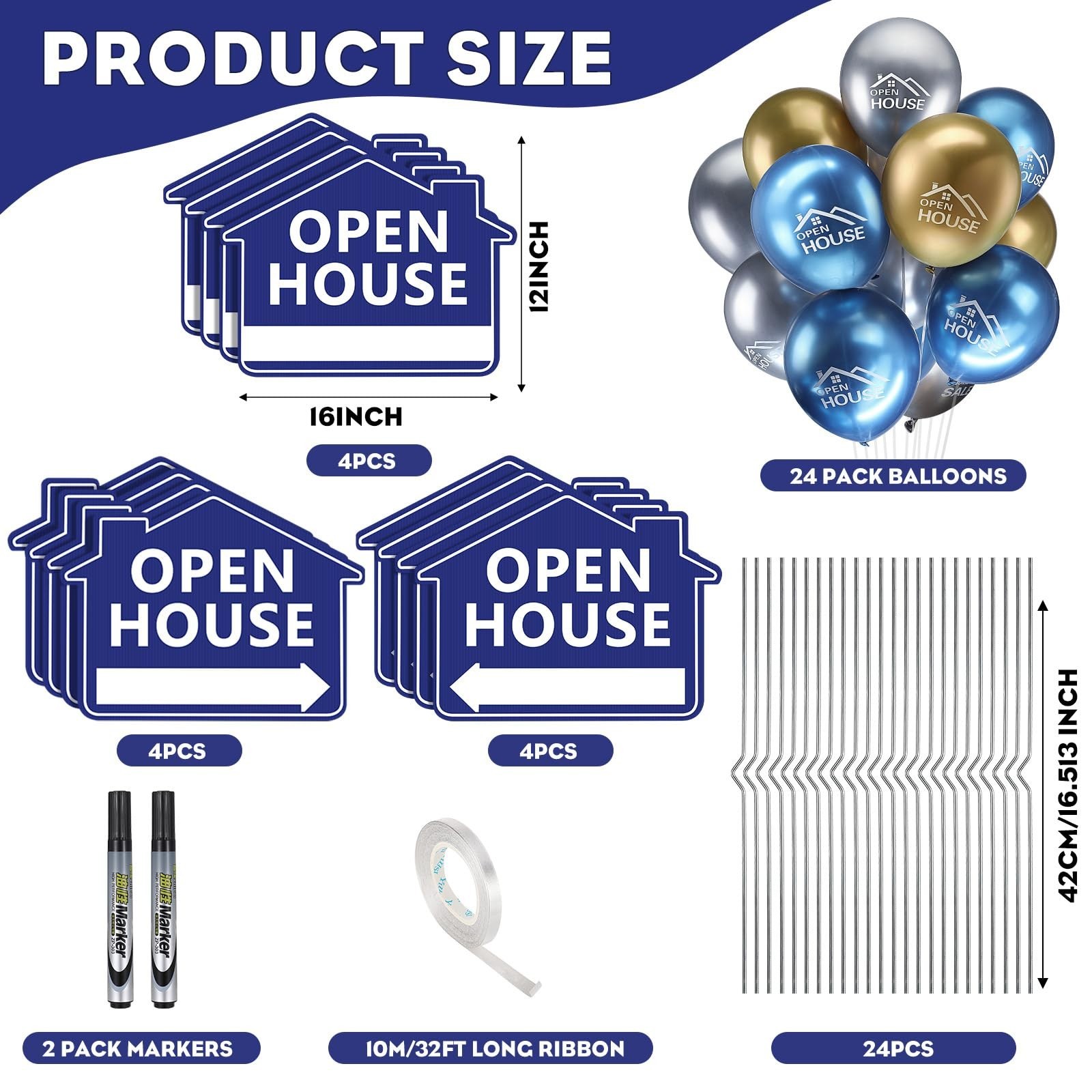 63 Pcs Open House Signs with Stakes, Double-Sided Yard Signs & Balloons, 12×16