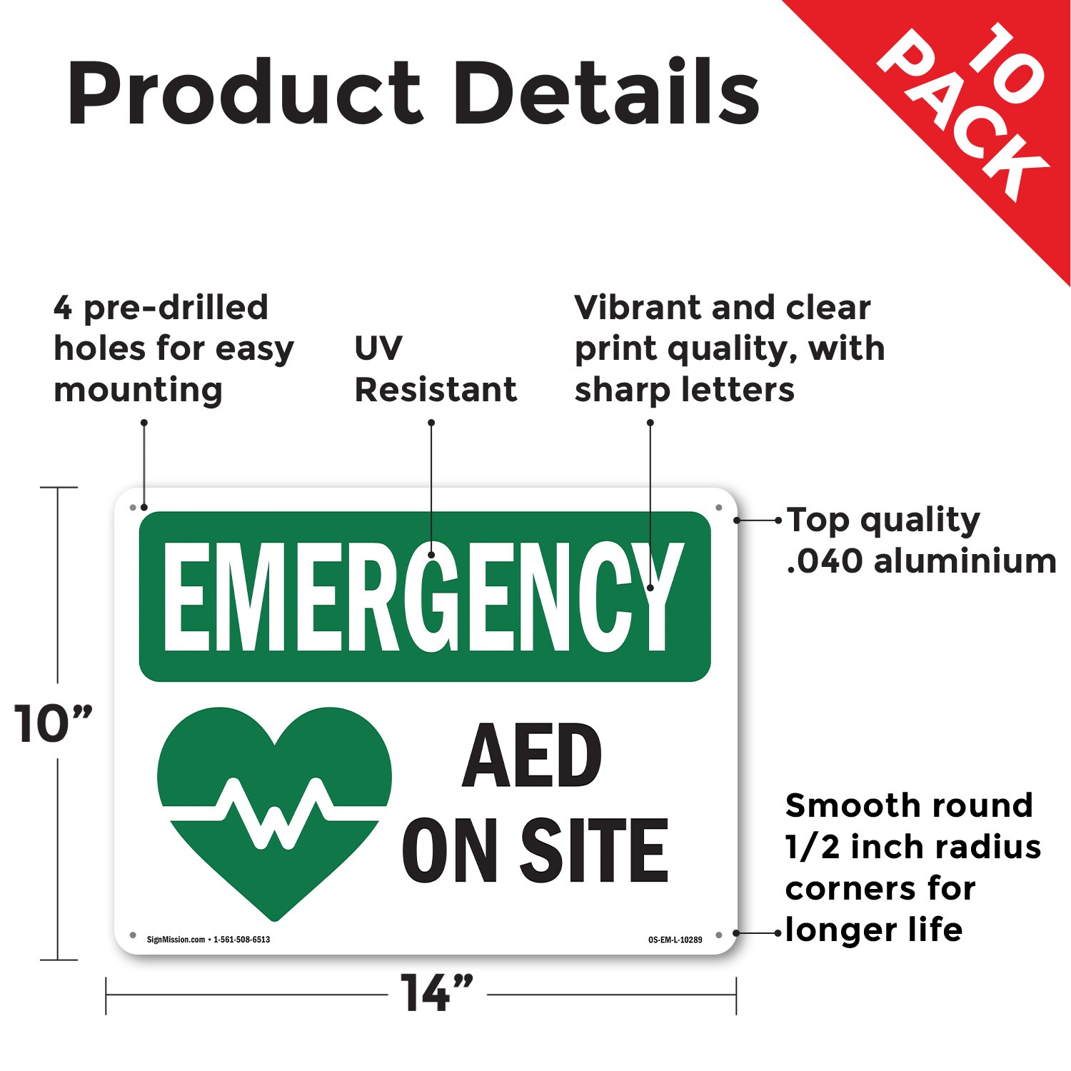 AED On Site With Symbol OSHA Emergency Sign Metal, Plastic, Decal 5 or 10 Pack