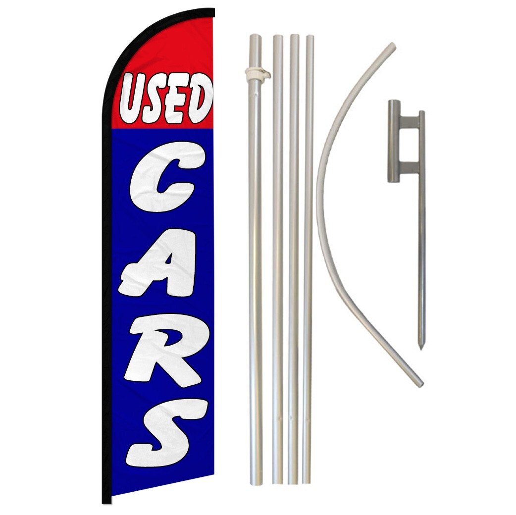 Used Cars Windless Banner Swooper Advertising Flag Pole Kit Dealership Red/Blue