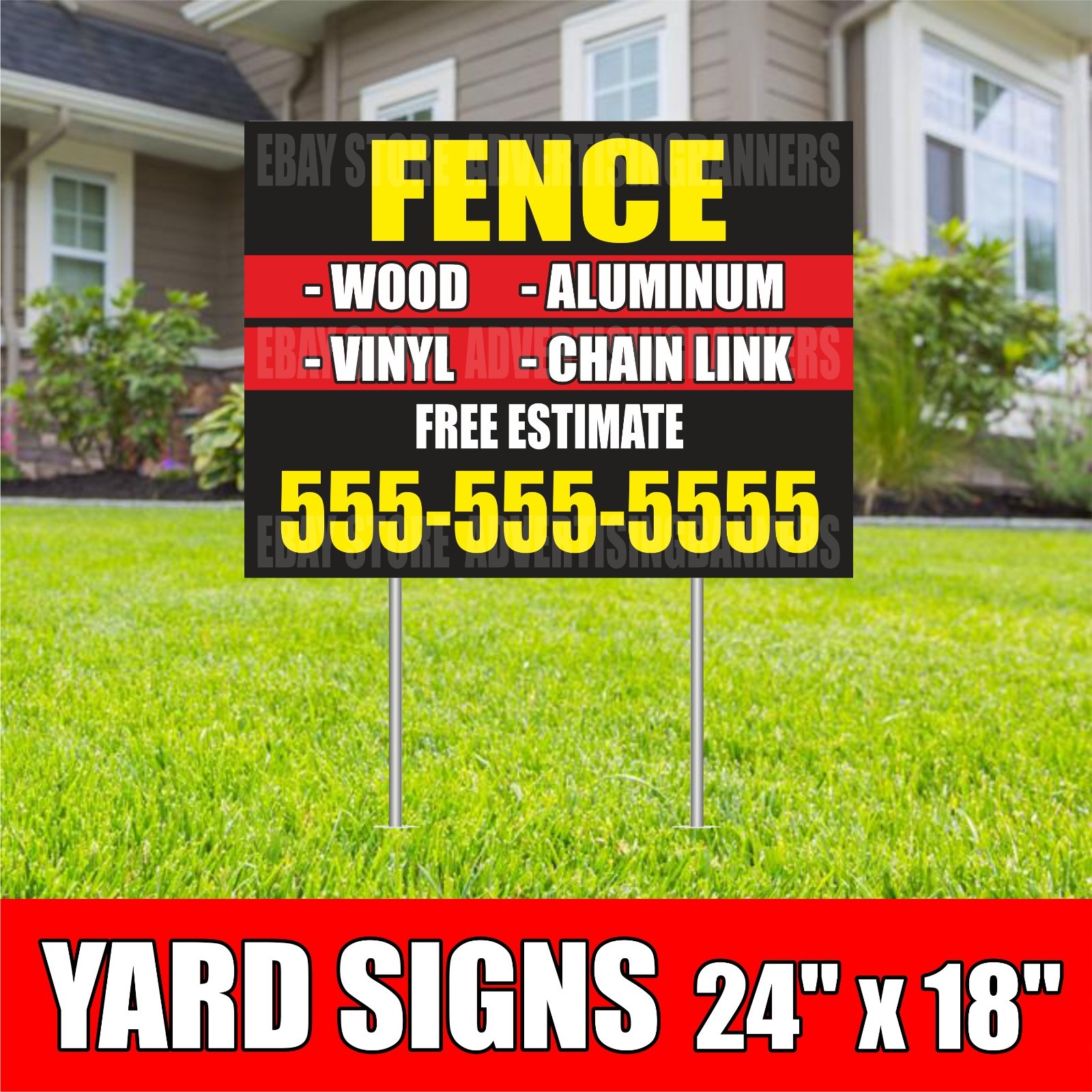 FENCE WOOD VINYL ALUMINUM CHAIN LINK Yard Sign with H-Stakes Custom Phone