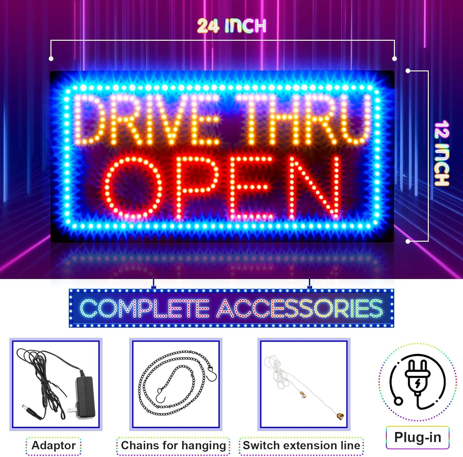 24&Prime; X 12&Prime; LED Drive Thru Open Sign for Fast Food & Restaurant Display