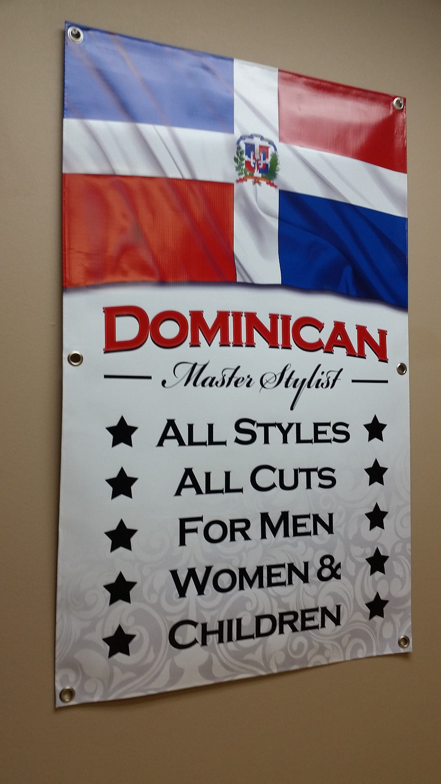 DOMINICAN MASTER STYLIST Banner Open Sign Beauty Barber Shop Boutique Display