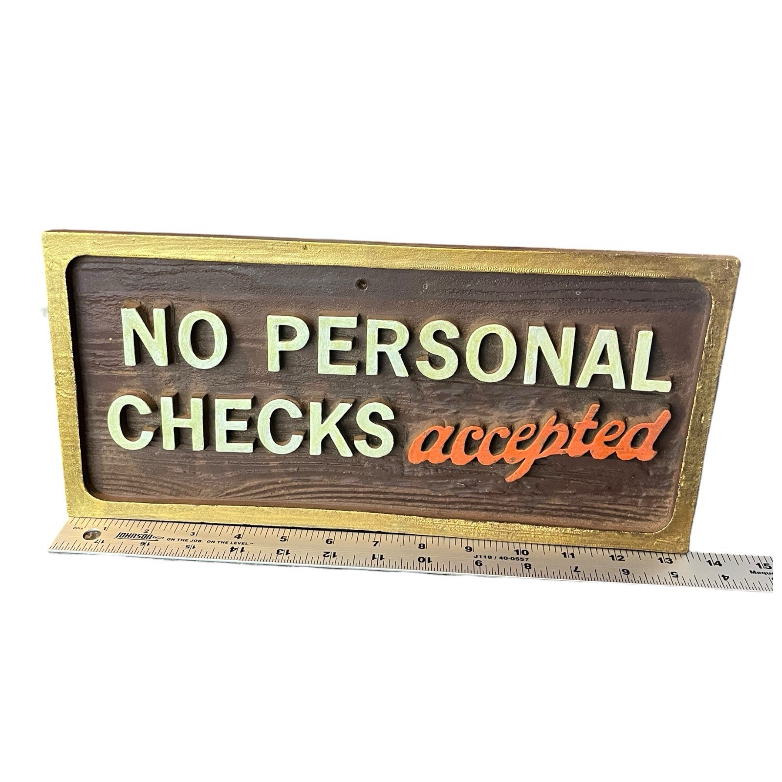 Vtg No Personal Checks Accepted Wood Natural Woodgrain Sign Store Office Signage