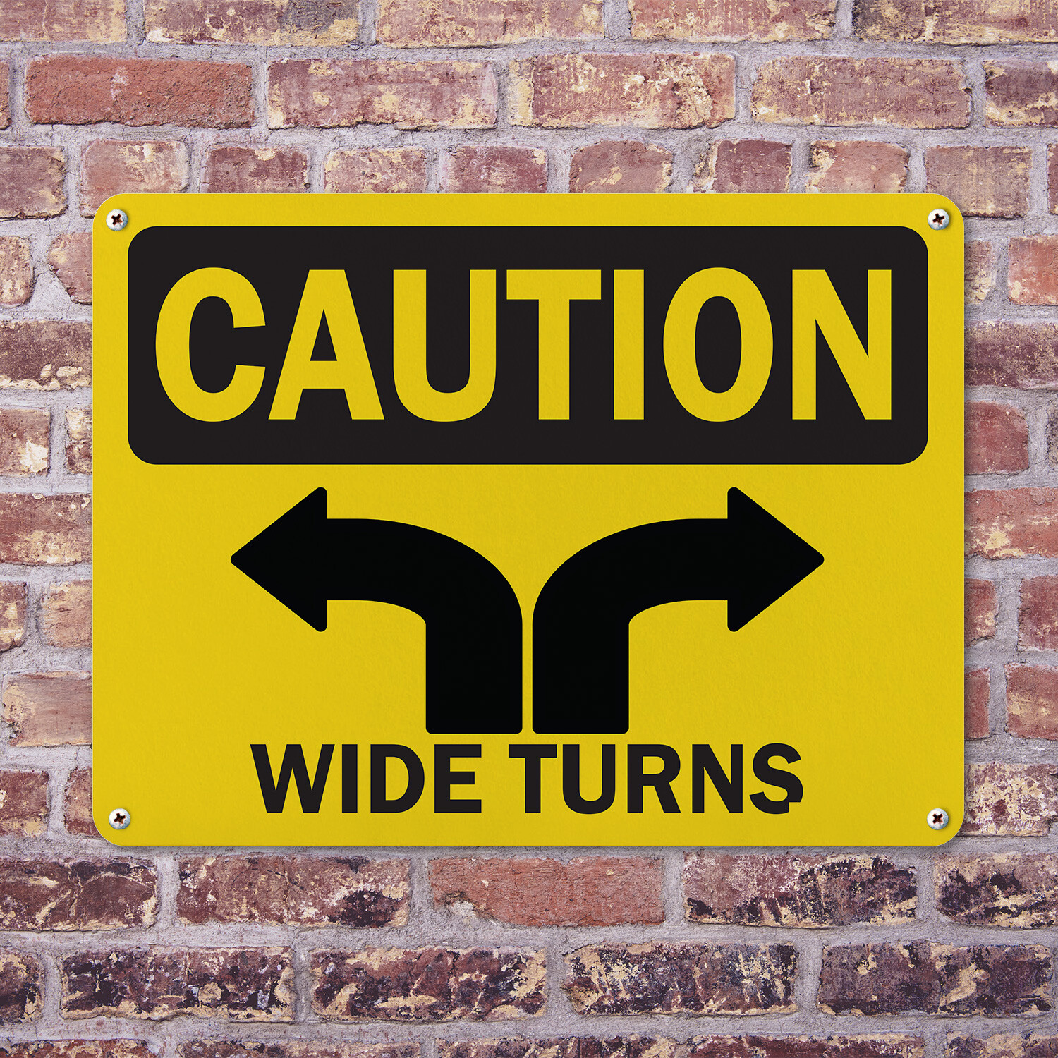 (2 Pack) Wide Turns OSHA Caution Sign Decal Metal Plastic