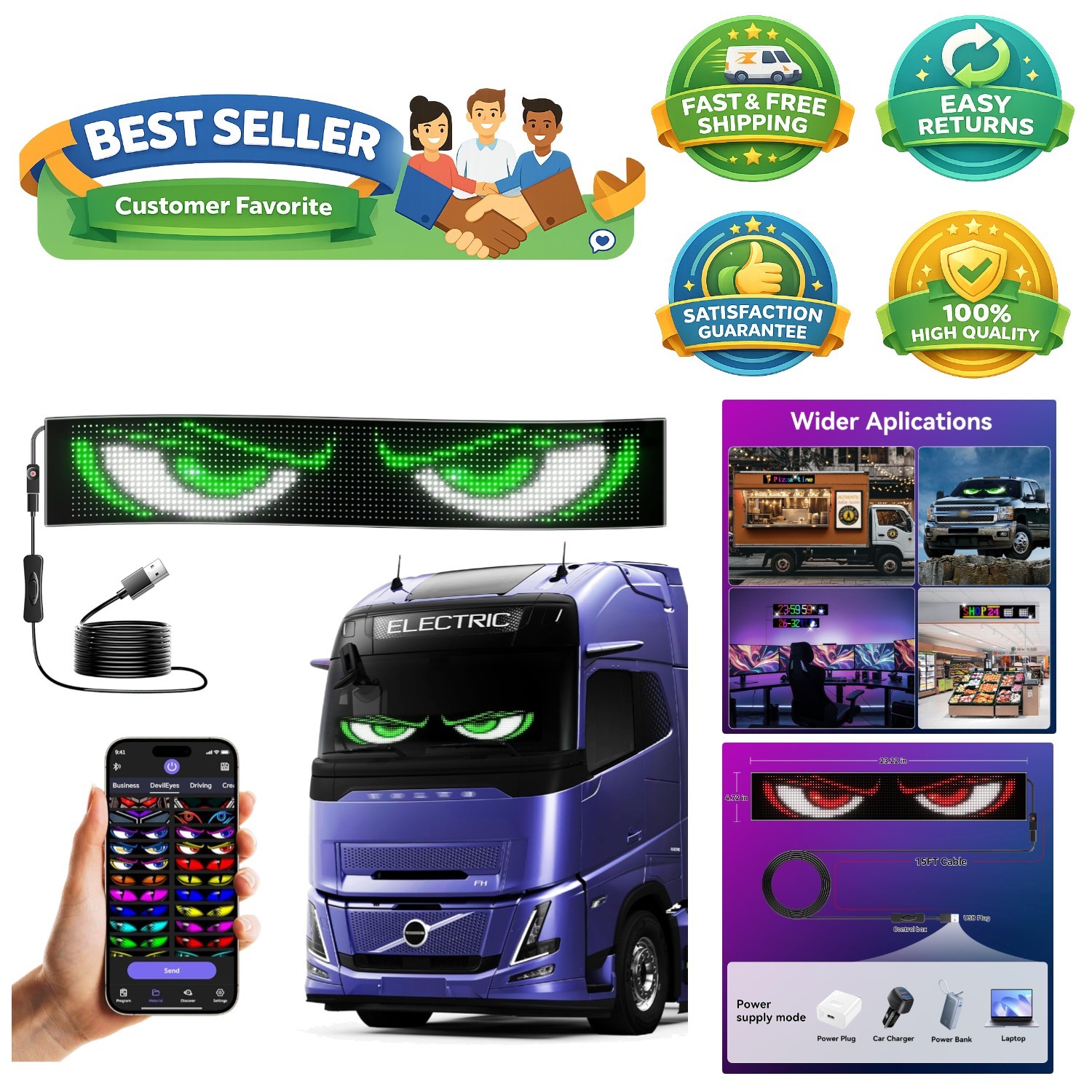 Customizable LED Car Sign with APP Control – Portable 23x5in Scrolling Display