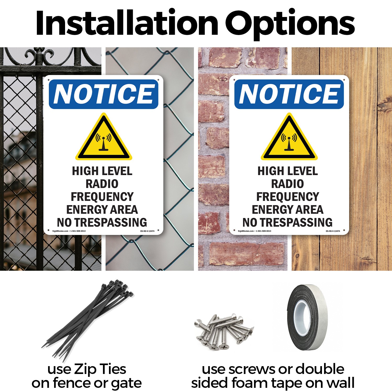 High Level Radio Frequency OSHA Notice Sign Metal, Plastic, Decal 5 or 10 Pack