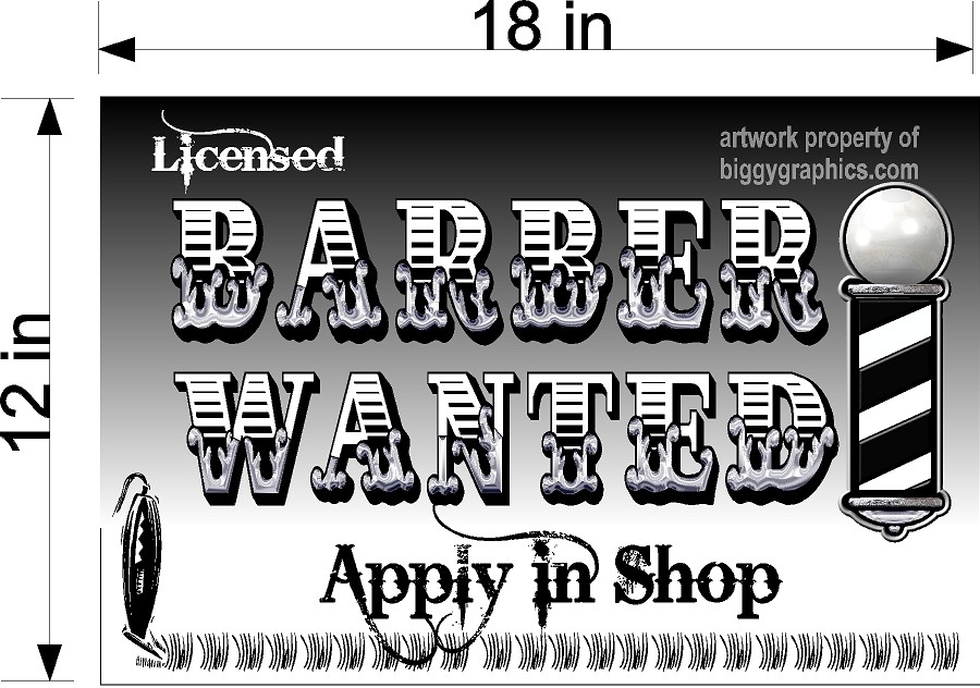 12&Prime; x 18&Prime; PVC SIGN LICENSED BARBERS WANTED EMPLOYMENT NEW BLACK SILVER STYLE
