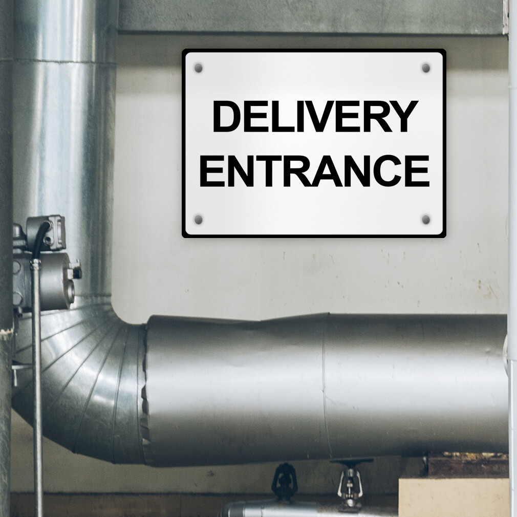 Horizontal Metal Sign Delivery Entrance Black on White Shipping and Receiving