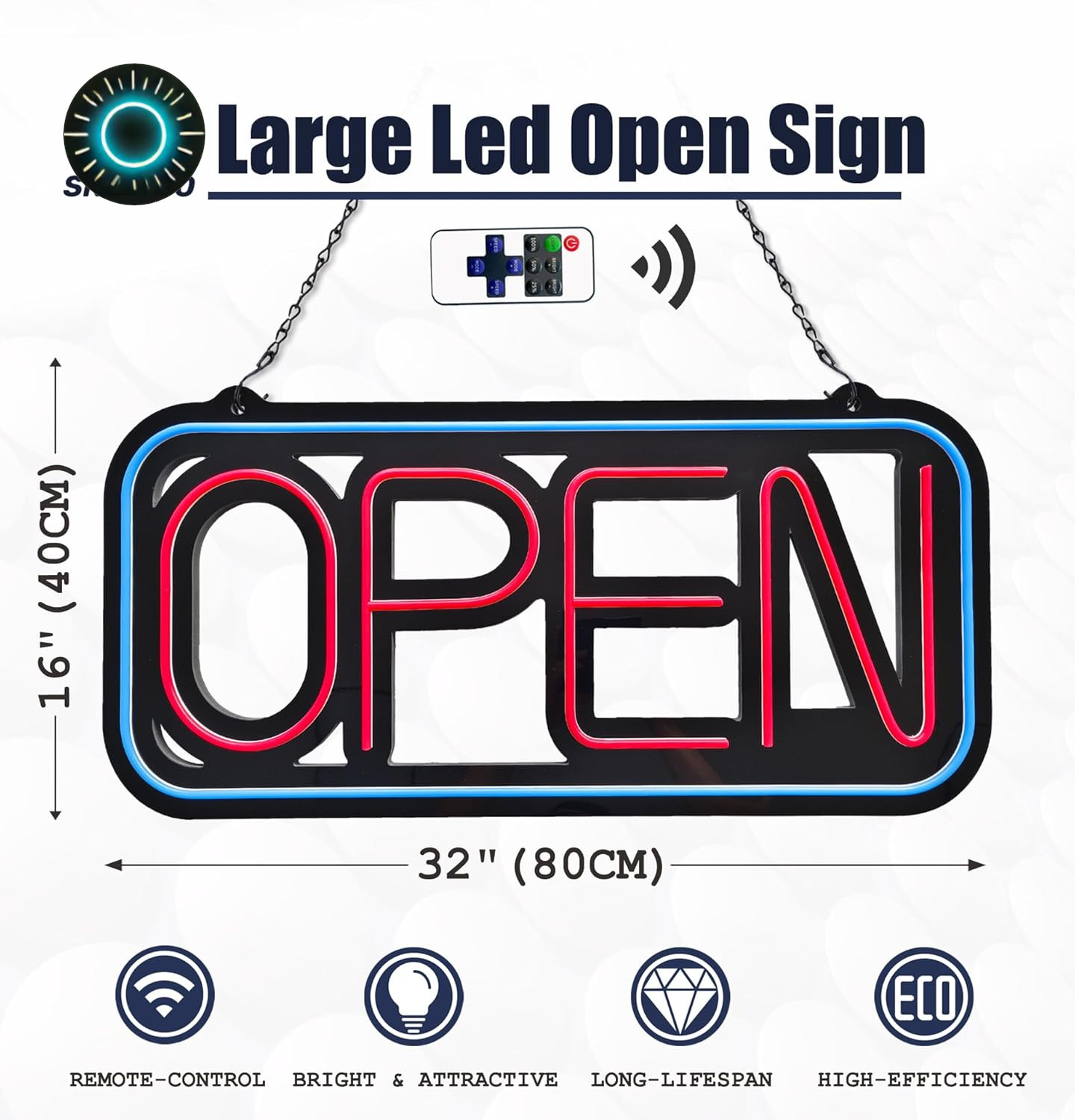 Bright LED Open Sign for Business – 32×16 Inch with Remote & Flashing Mode NEW