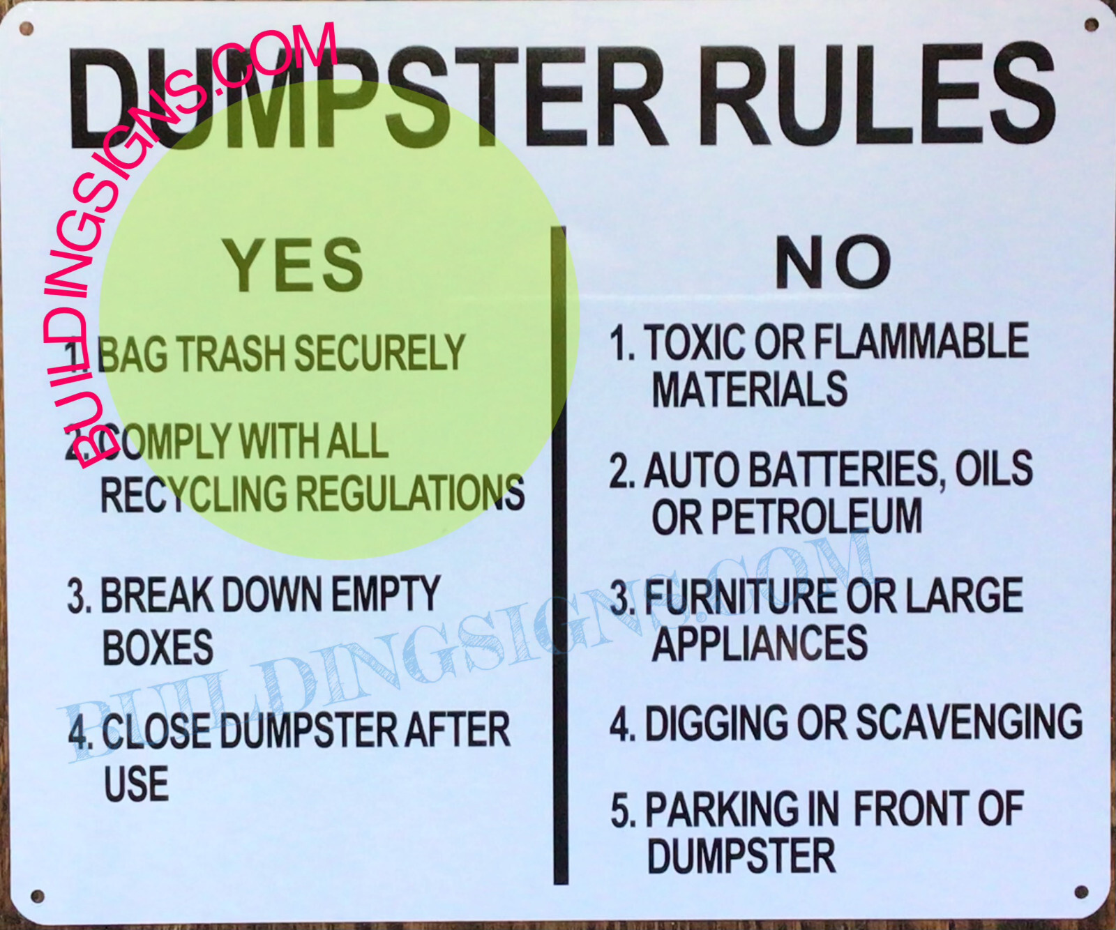 DUMPSTER RULES SIGN (10X12, WHITE BACKGROUND, ALUMINUM)