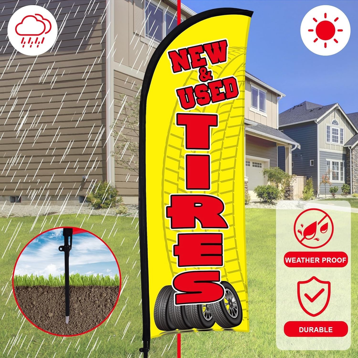 3 Sets Tires Shop Feather Flags with Poles 7ft New and Use Tires Flags for Busin
